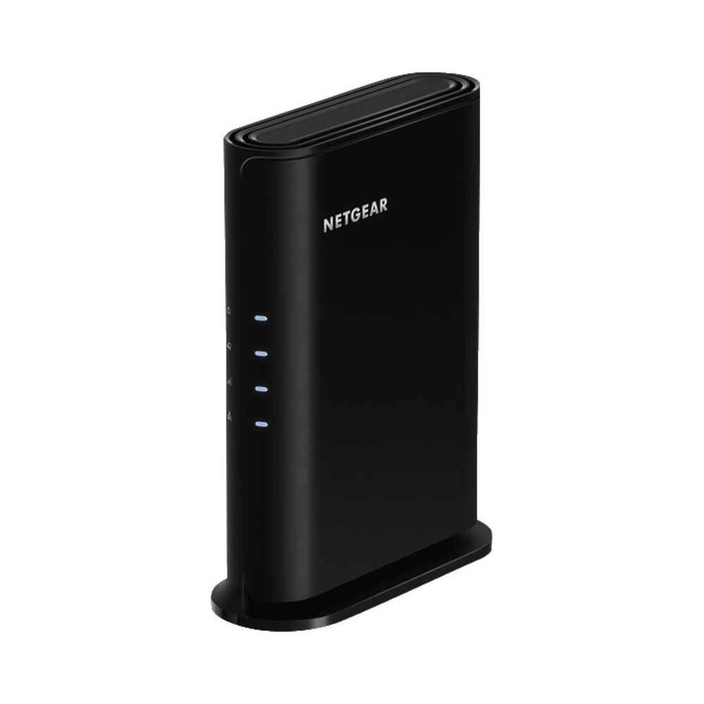 Ein schlanker, schwarzer Netgear Router mit vier blauen LED-Anzeigen auf der Vorderseite.