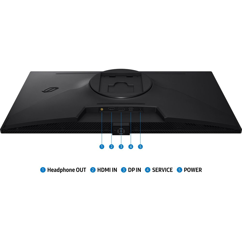 Achterkant van een zwarte monitor met poorten: Koptelefoon, HDMI, DP, Service, Stroom.