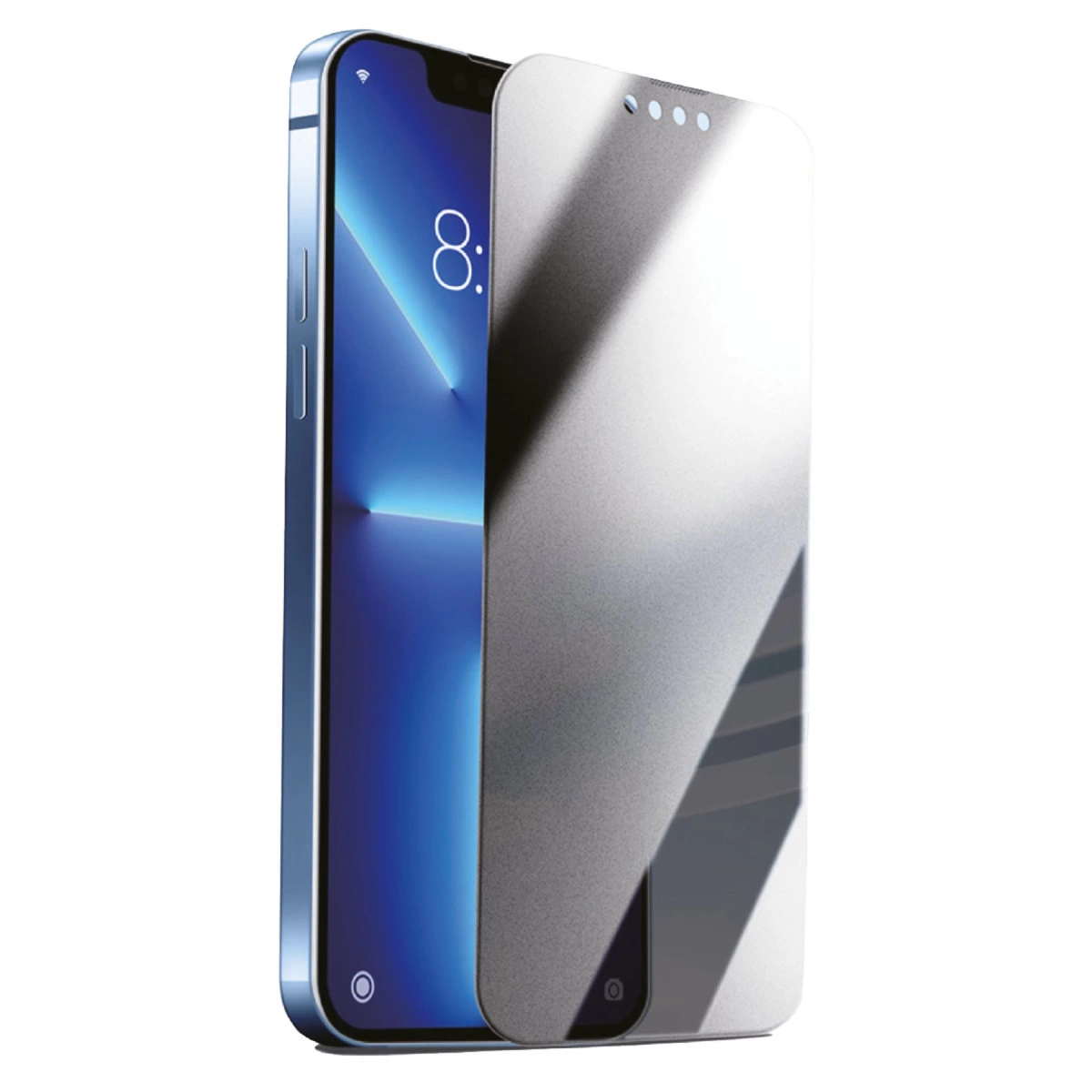 Üst yarısını kaplayan ekran koruyuculu mavi bir akıllı telefon.