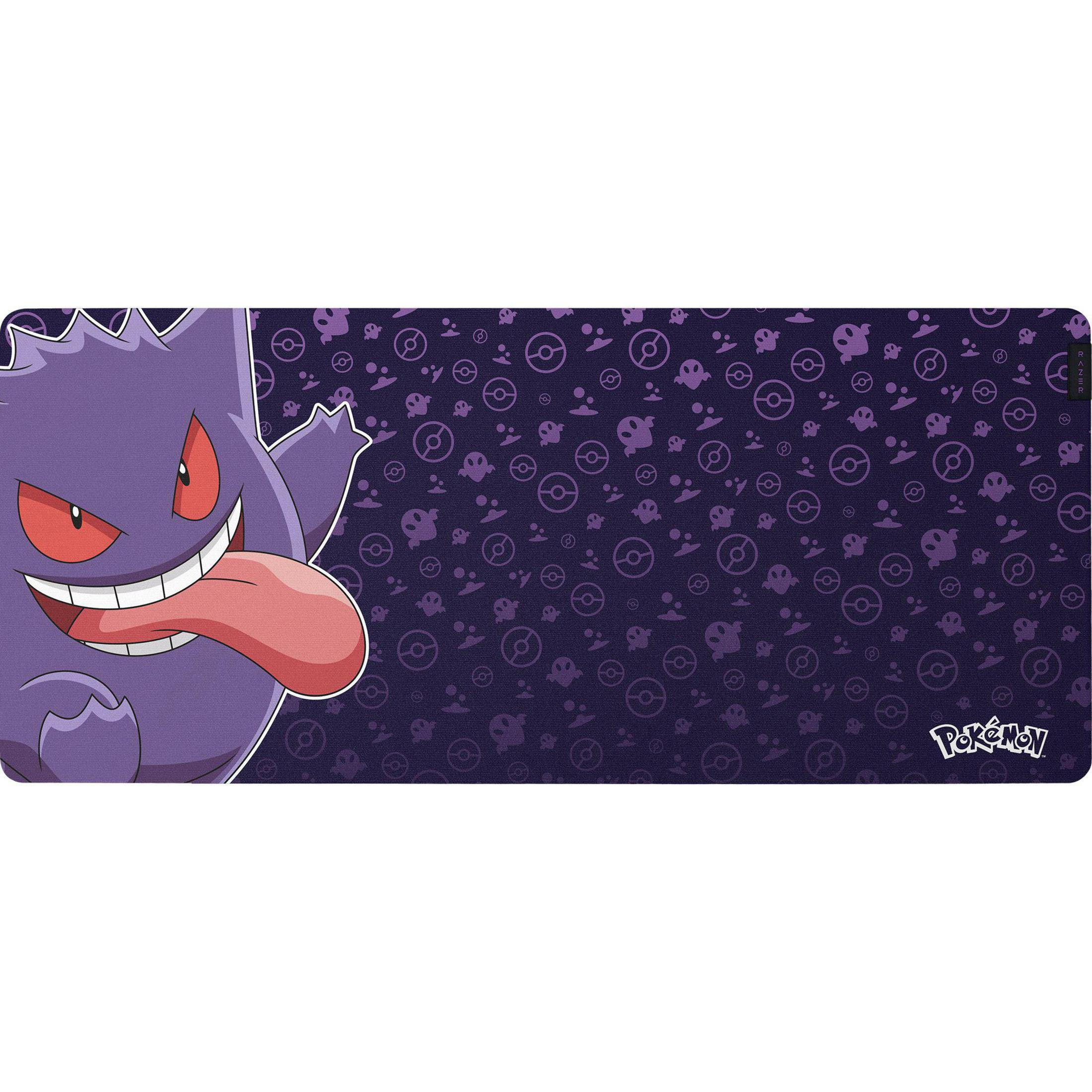 Lila Gengar mit Zunge auf dunkelviolettem Hintergrund mit Pokémon-Motiven.