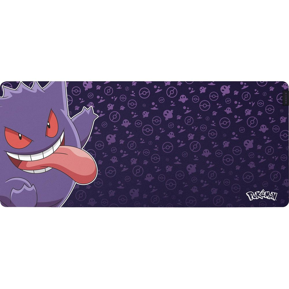 Lila Pokémon Gengar mit Zunge auf einem dunklen Hintergrund mit Geistermustern.