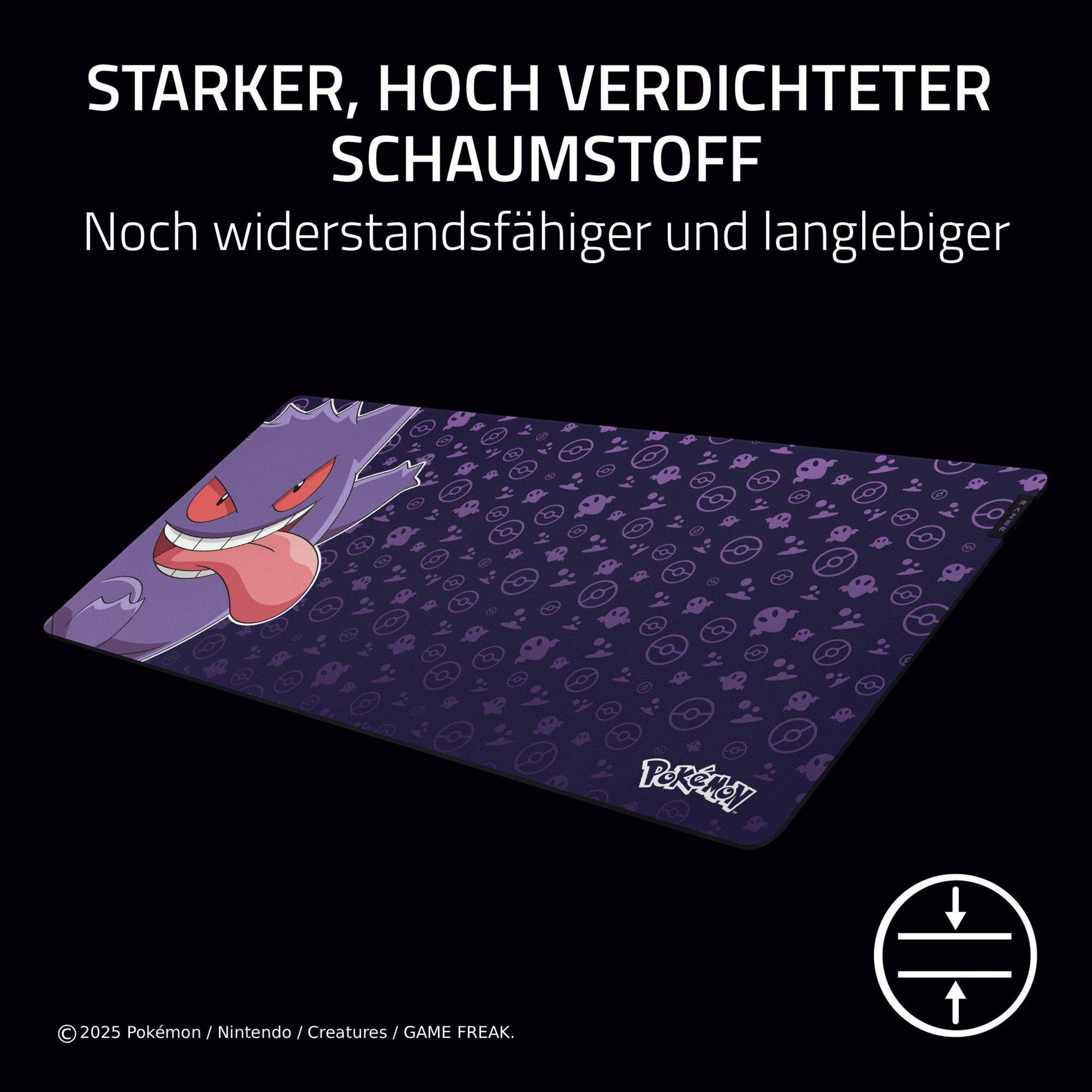 Lila Mauspad mit Gengar und Pokébällen, mit Text.