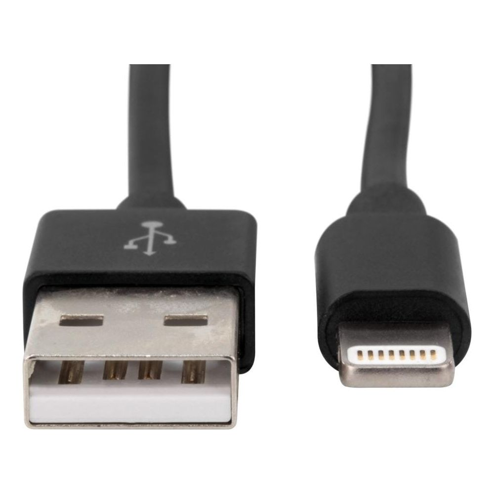 Ein schwarzes USB-zu-Lightning-Kabel mit sichtbaren Anschlüssen.
