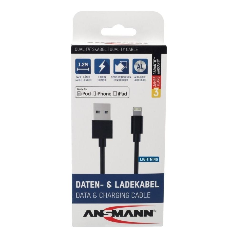 Verpackung eines 1,2m langen Lightning-Daten- & Ladekabels von Ansmann.