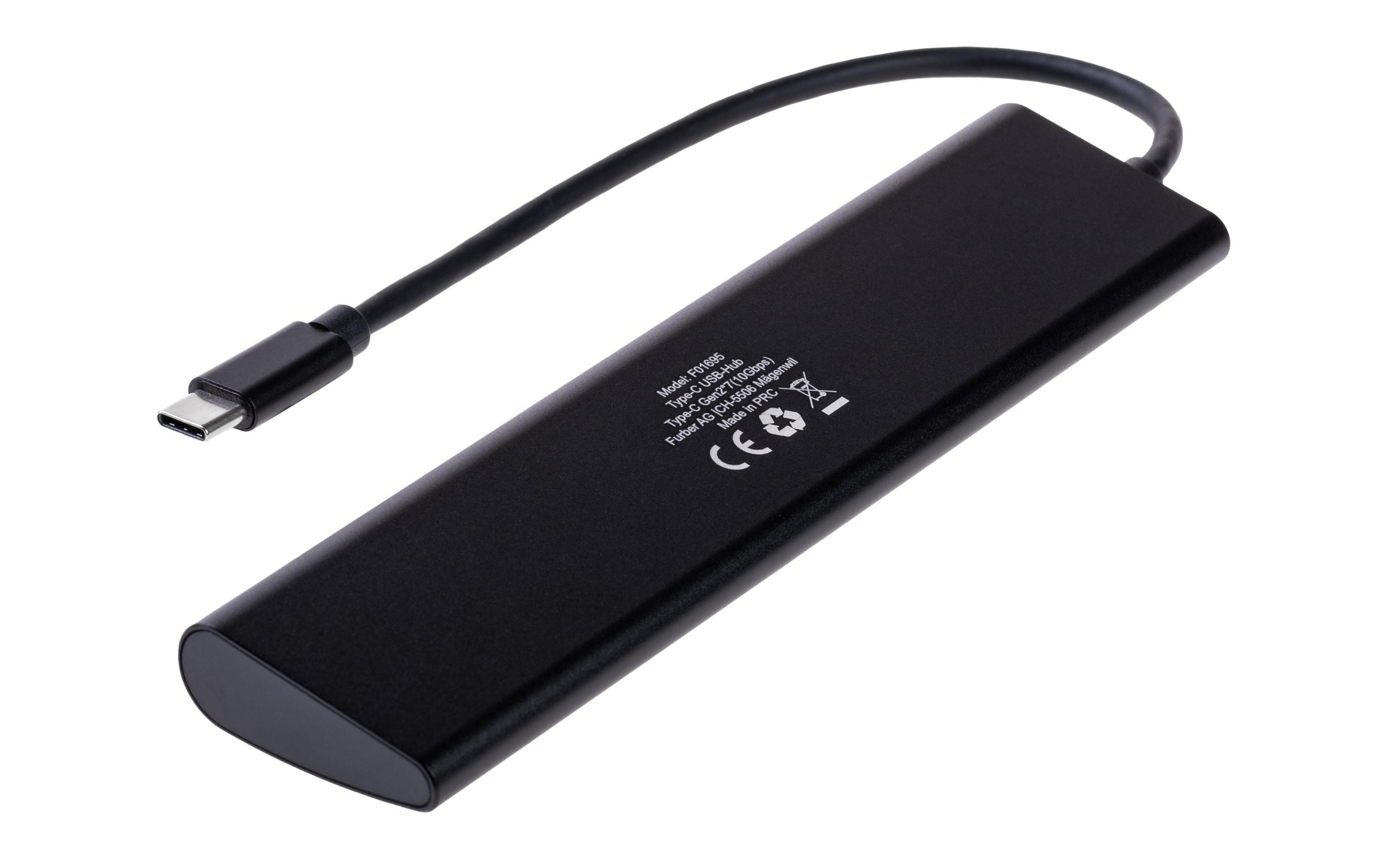 Schwarzer USB-C Hub mit Kabel und Stecker, Modell F01695.