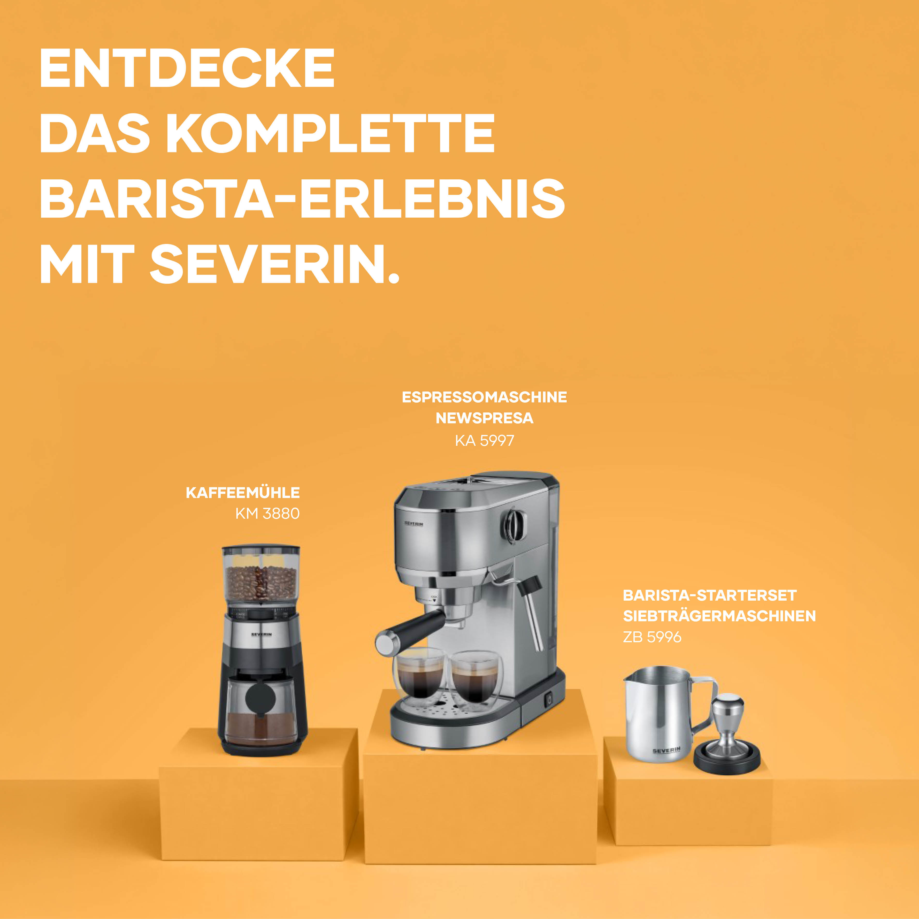 Kaffeemühle, Espressomaschine und Barista-Set auf orangenem Hintergrund.