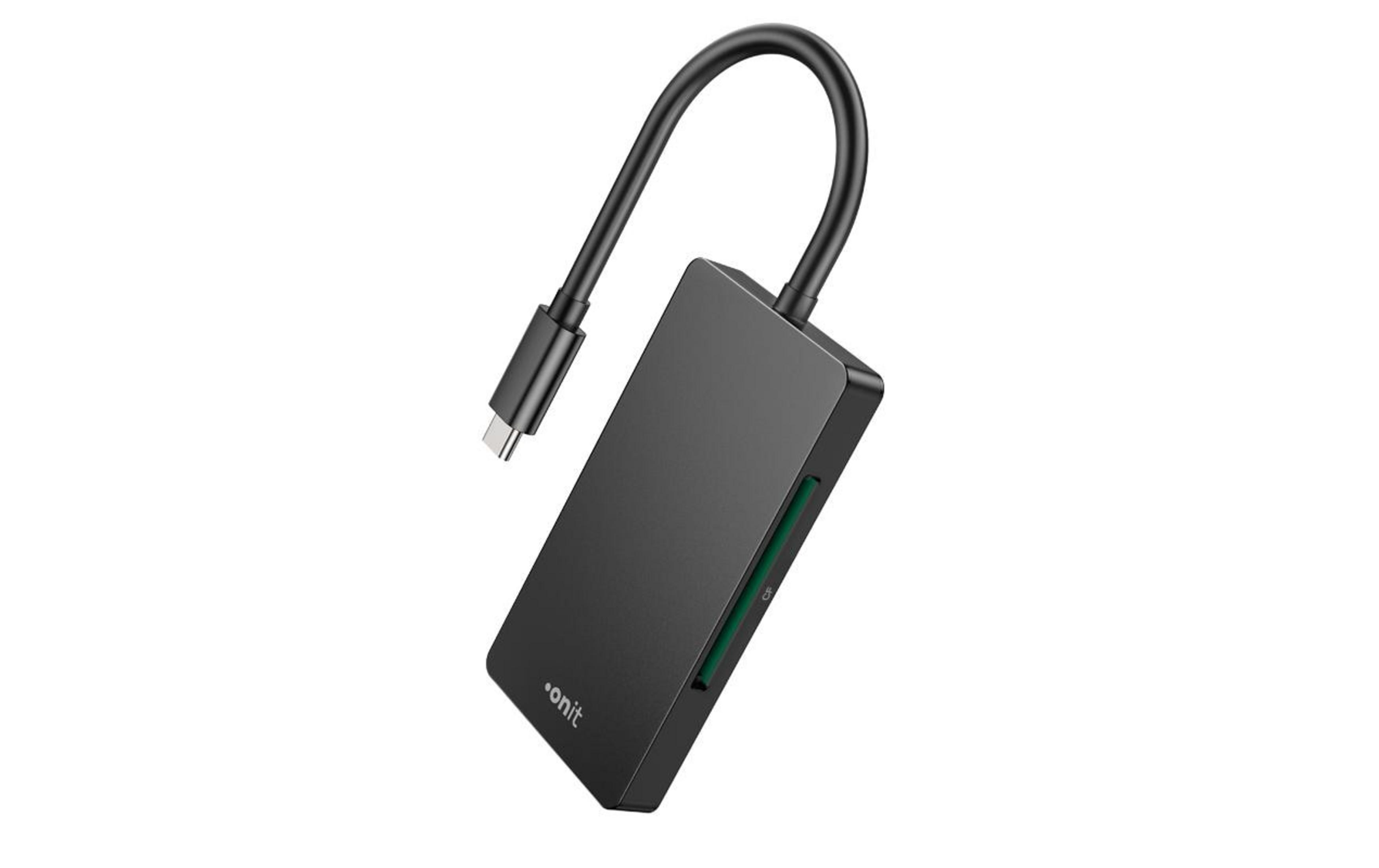 Ein schwarzer USB-C-Hub mit Kartensteckplätzen und Kabel.