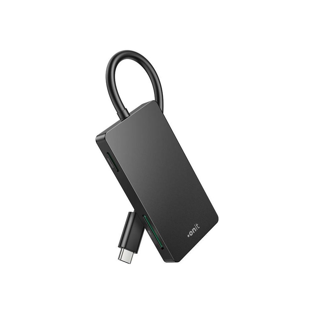 Ein schwarzer USB-C-Hub mit integriertem Kabel und Schlaufe.