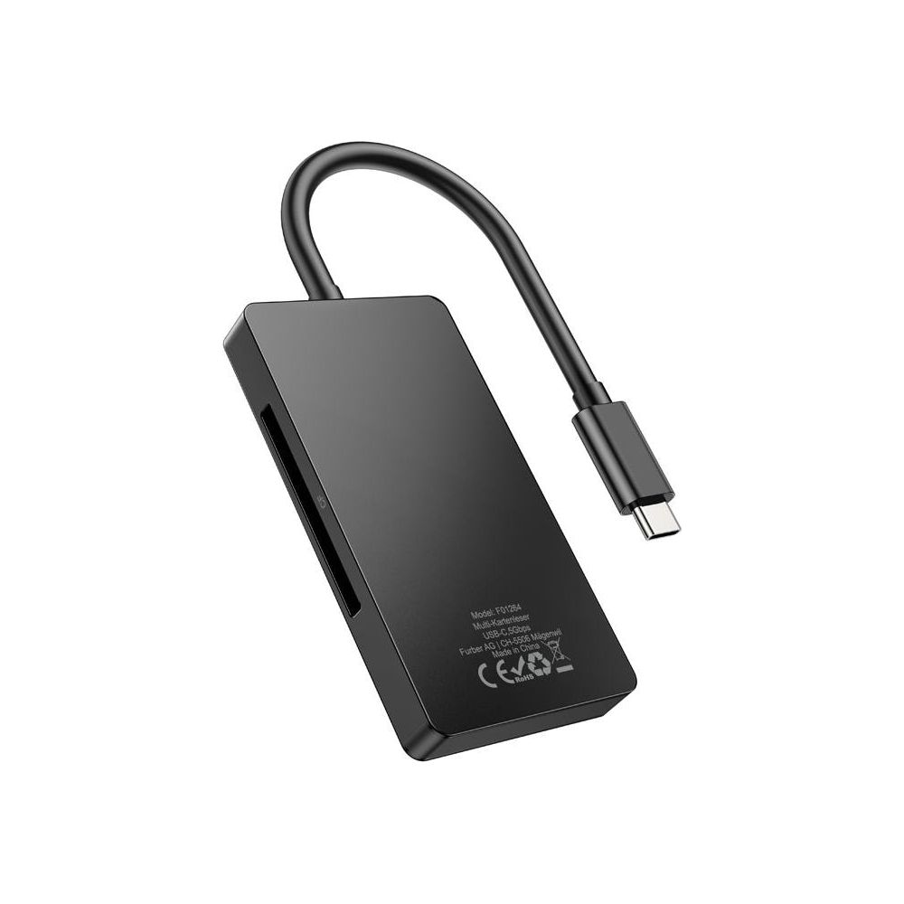Schwarzer USB-C Kartenleser mit SD- und CF-Steckplätzen, mit Kabel und Stecker.