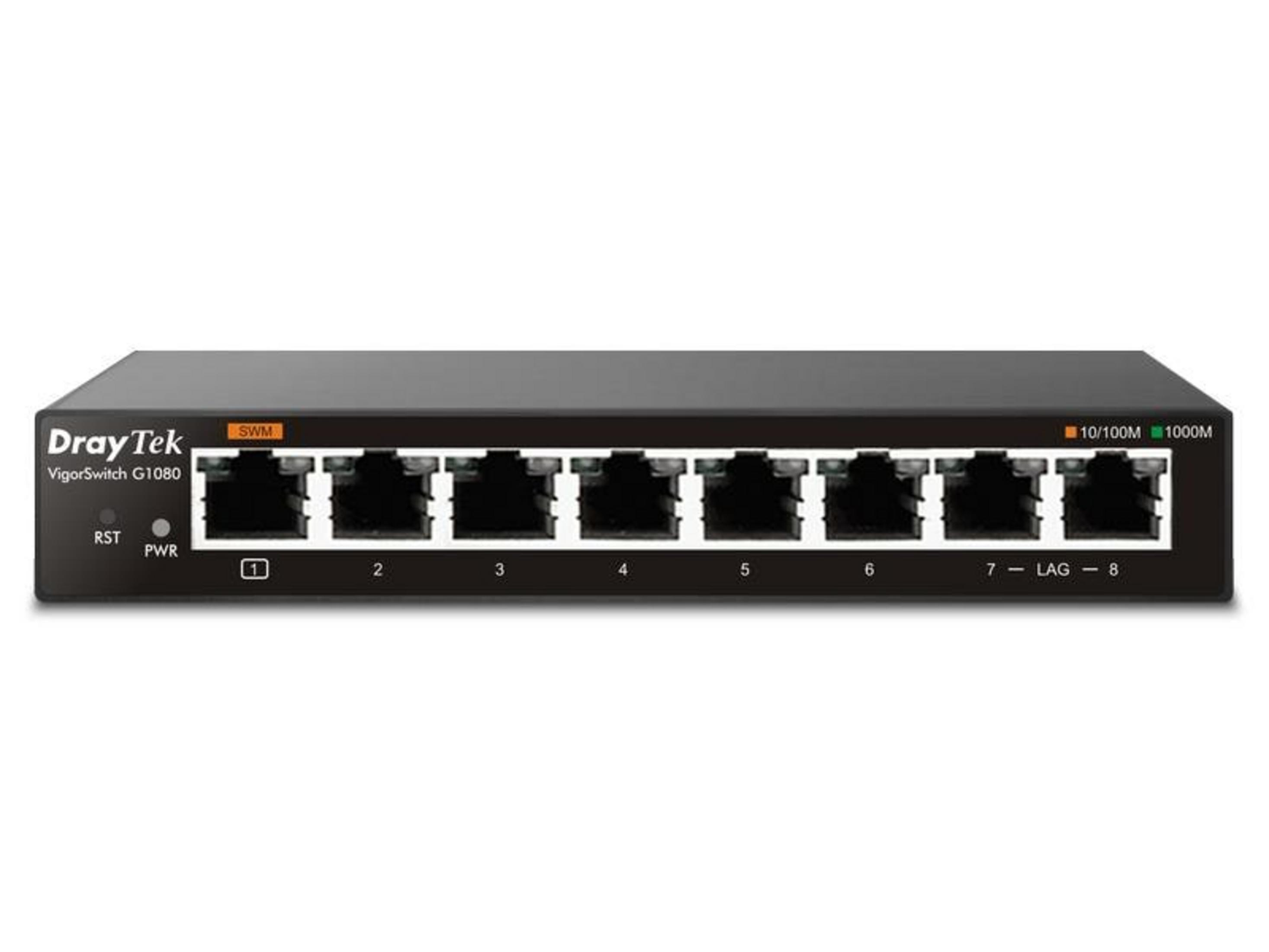 Ein schwarzer DrayTek VigorSwitch G1080 mit 8 Anschlüssen.