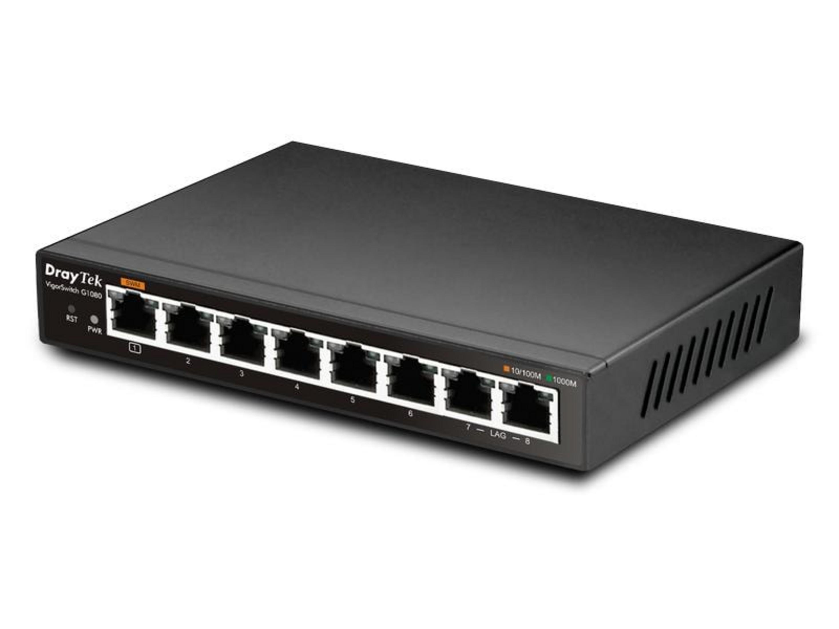 Ein schwarzer DrayTek VigorSwitch G1080 mit 8 Anschlüssen auf weißem Hintergrund.