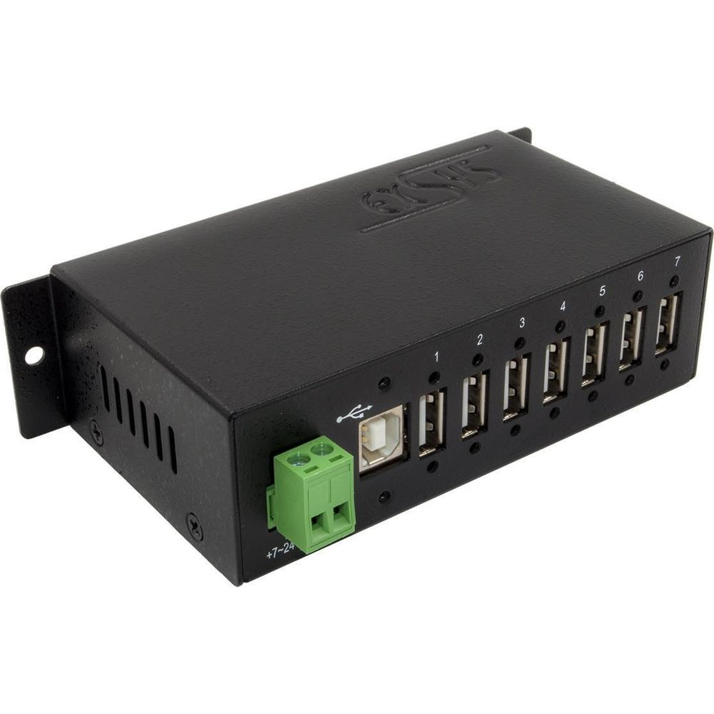 Schwarzer 7-Port-USB-Hub mit Stromeingang und USB 2.0-Anschluss.
