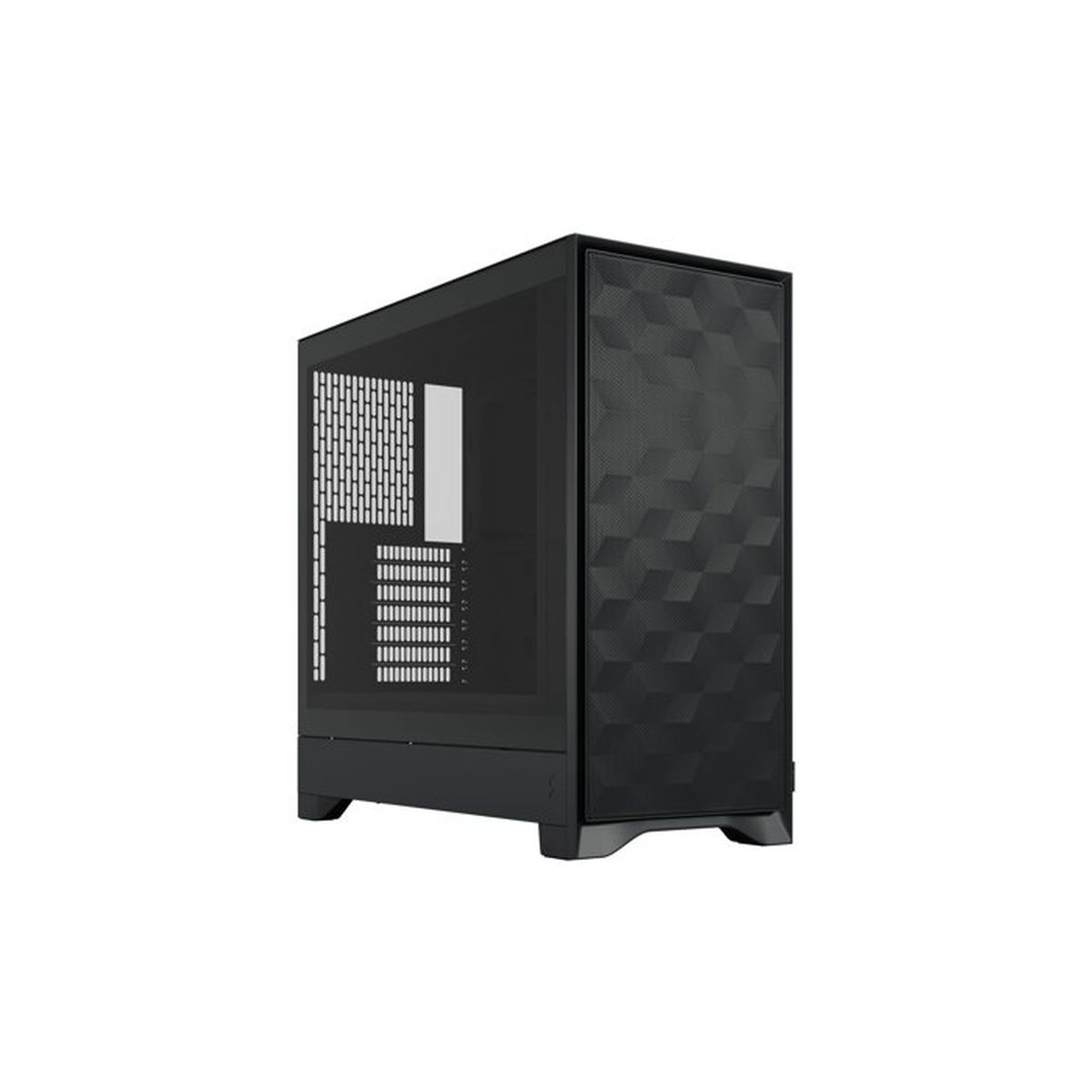 Case del computer nero con pannelli in vetro e motivo geometrico sul davanti.