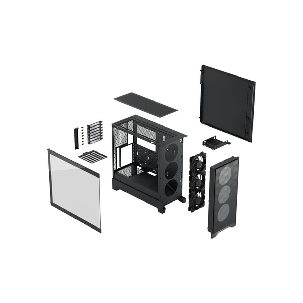 Un case per PC nero e i suoi componenti sono esposti su sfondo bianco.