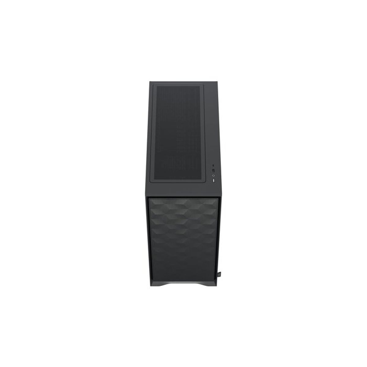Case per computer nero con griglia di ventilazione superiore e pannello frontale geometrico.