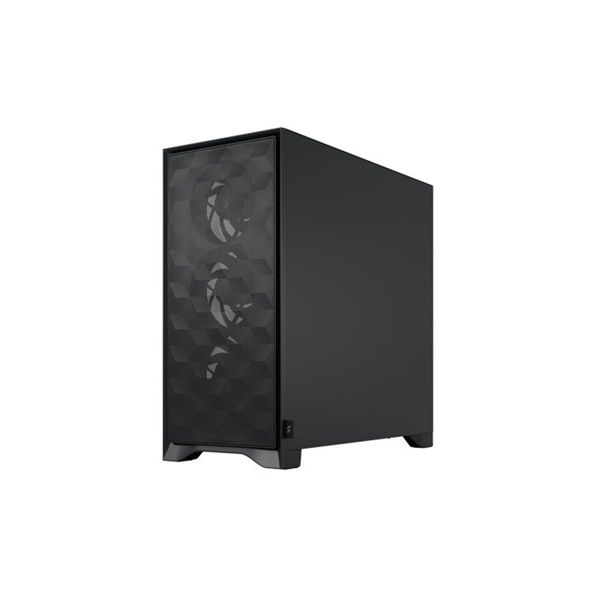 Un case per computer nero con pannello frontale a fantasia poggia sui piedi.