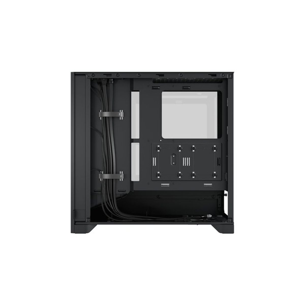 Interno di un case PC nero con gestione cavi e punti di montaggio.