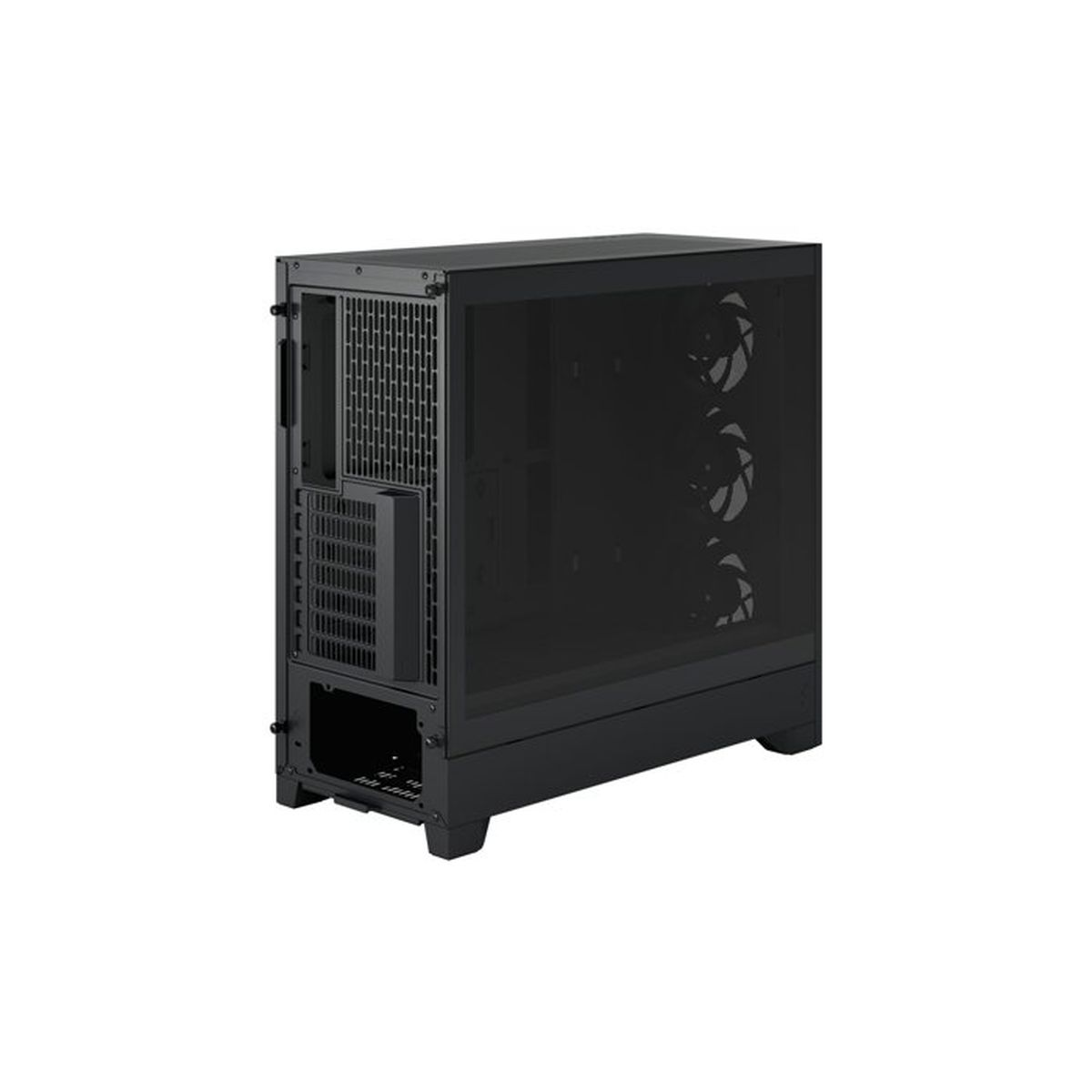 Un case per PC nero con frontale in vetro e ventole.