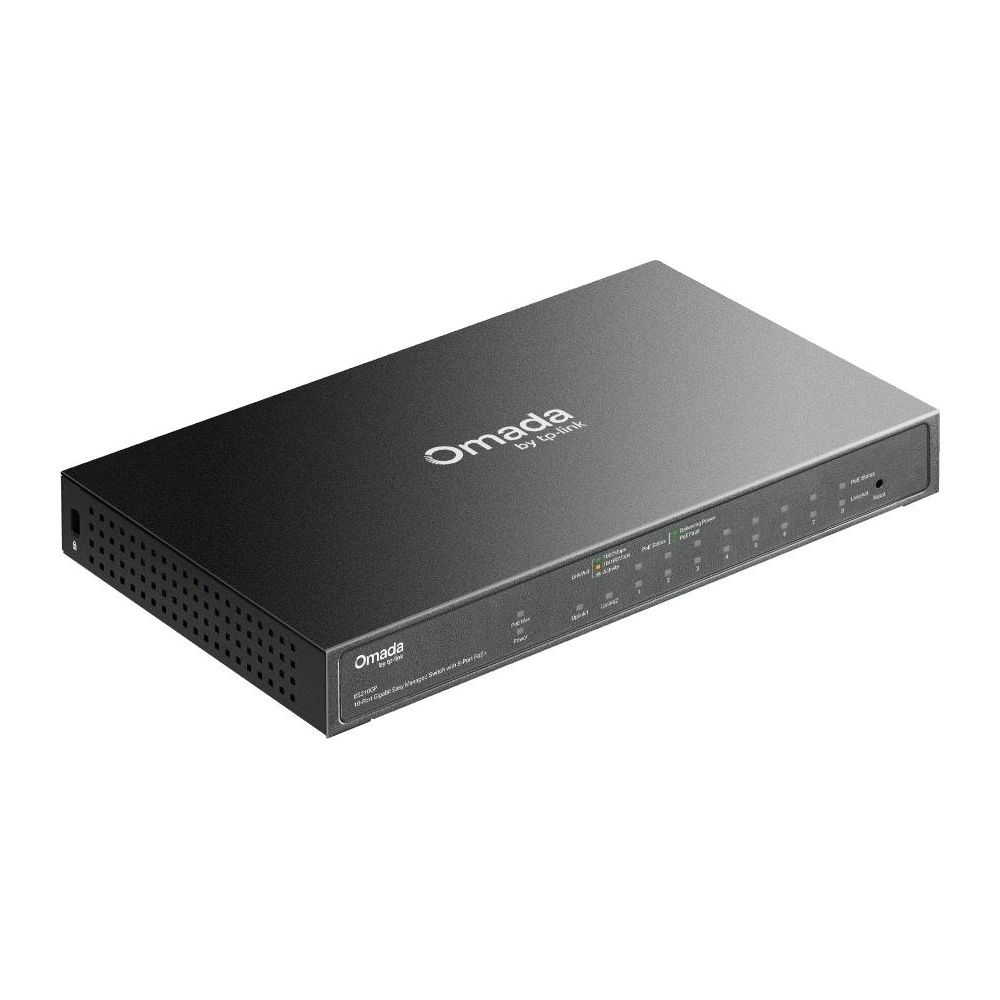 Schwarzer Netzwerk-Switch mit Omada-Logo und vielen Anschlüssen.
