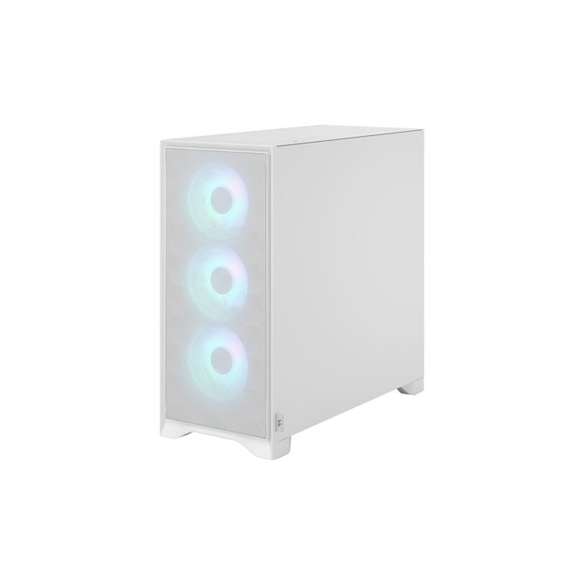 Un case per computer bianco con tre ventole illuminate sul davanti.