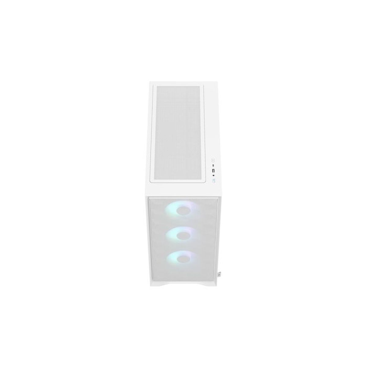 Un case PC bianco con tre ventole illuminate sul frontale.