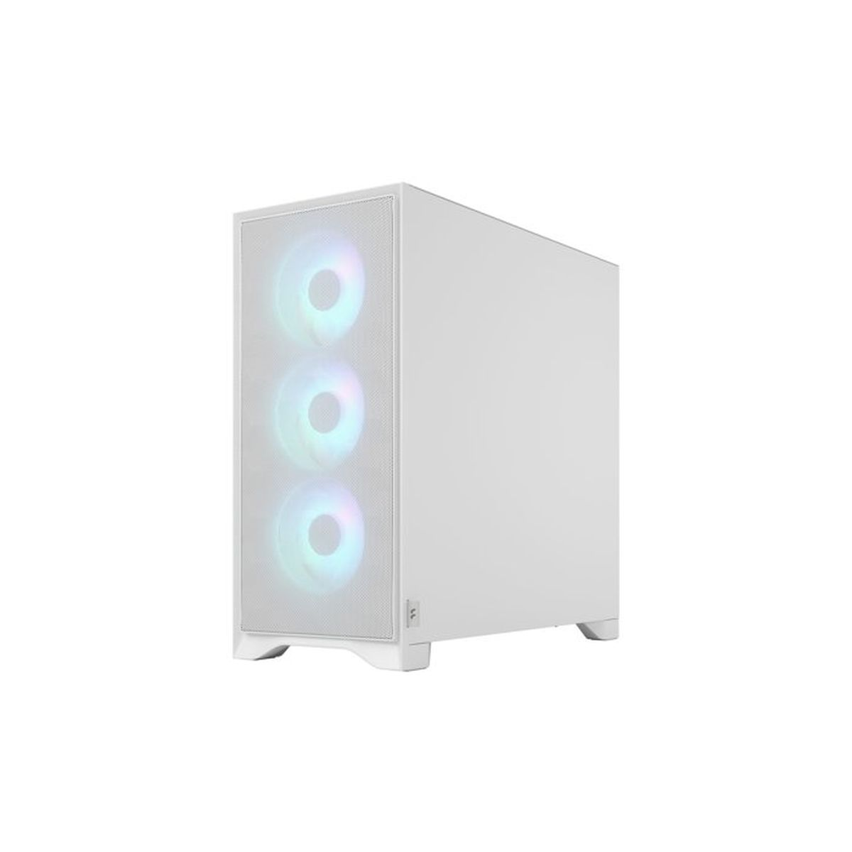 Un case per computer bianco con tre ventole illuminate sul davanti.