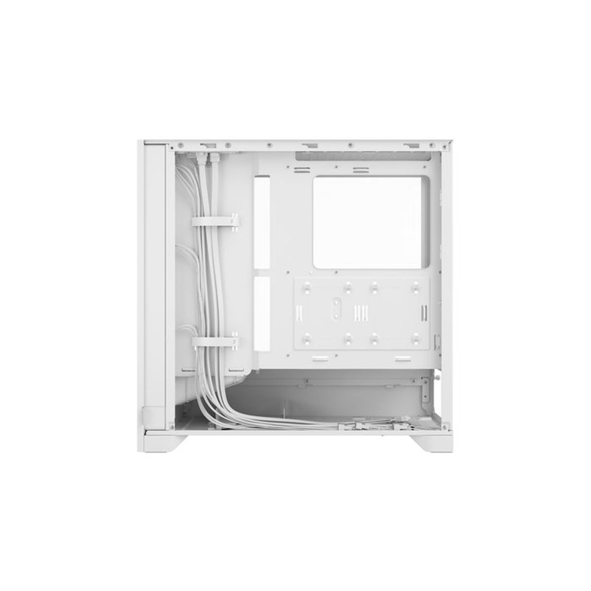 Un case per computer bianco con gestione cavi, pannello laterale sinistro aperto.