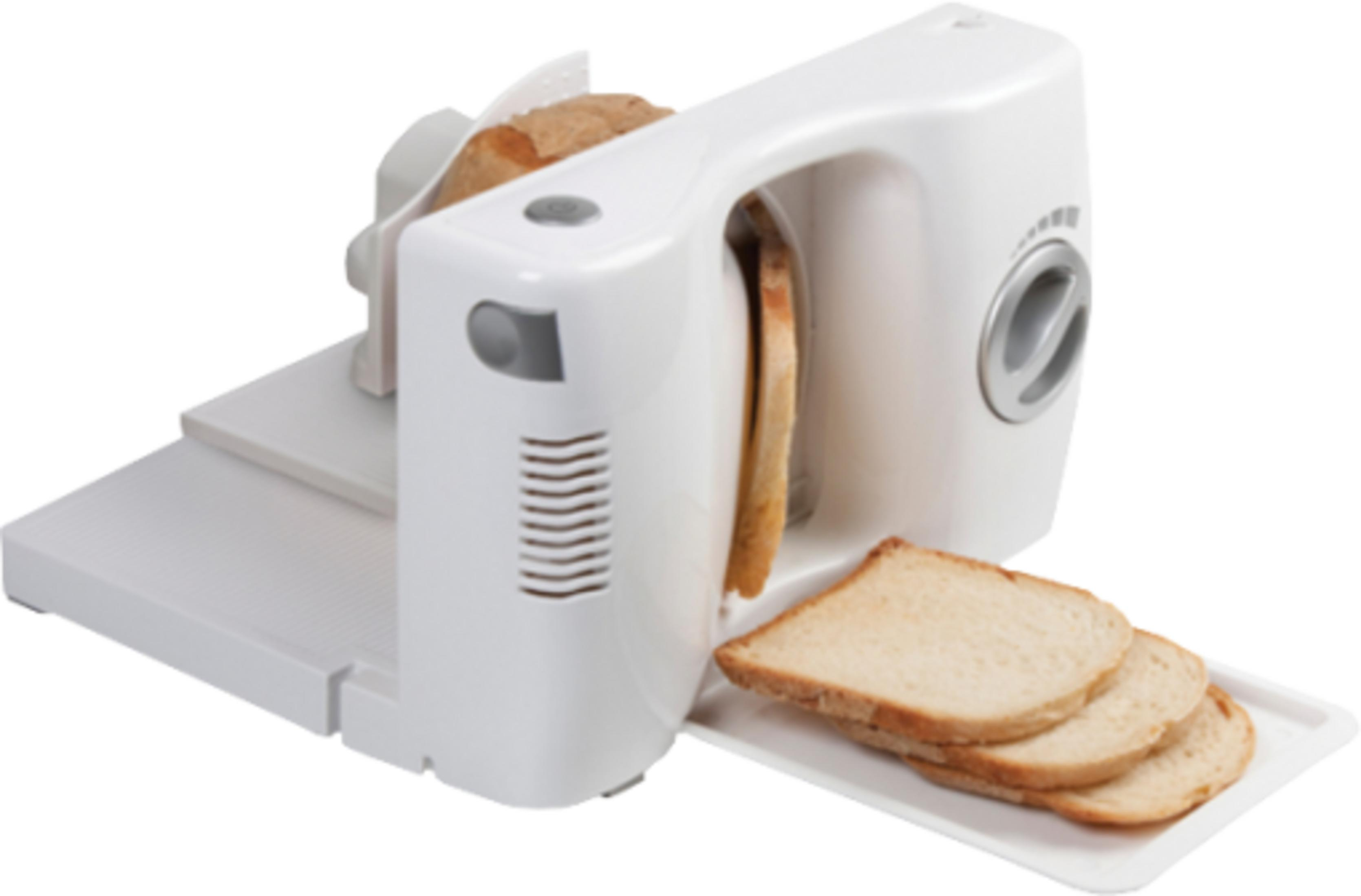 Biała krajalnica do chleba z pokrojonym chlebem na tacy.