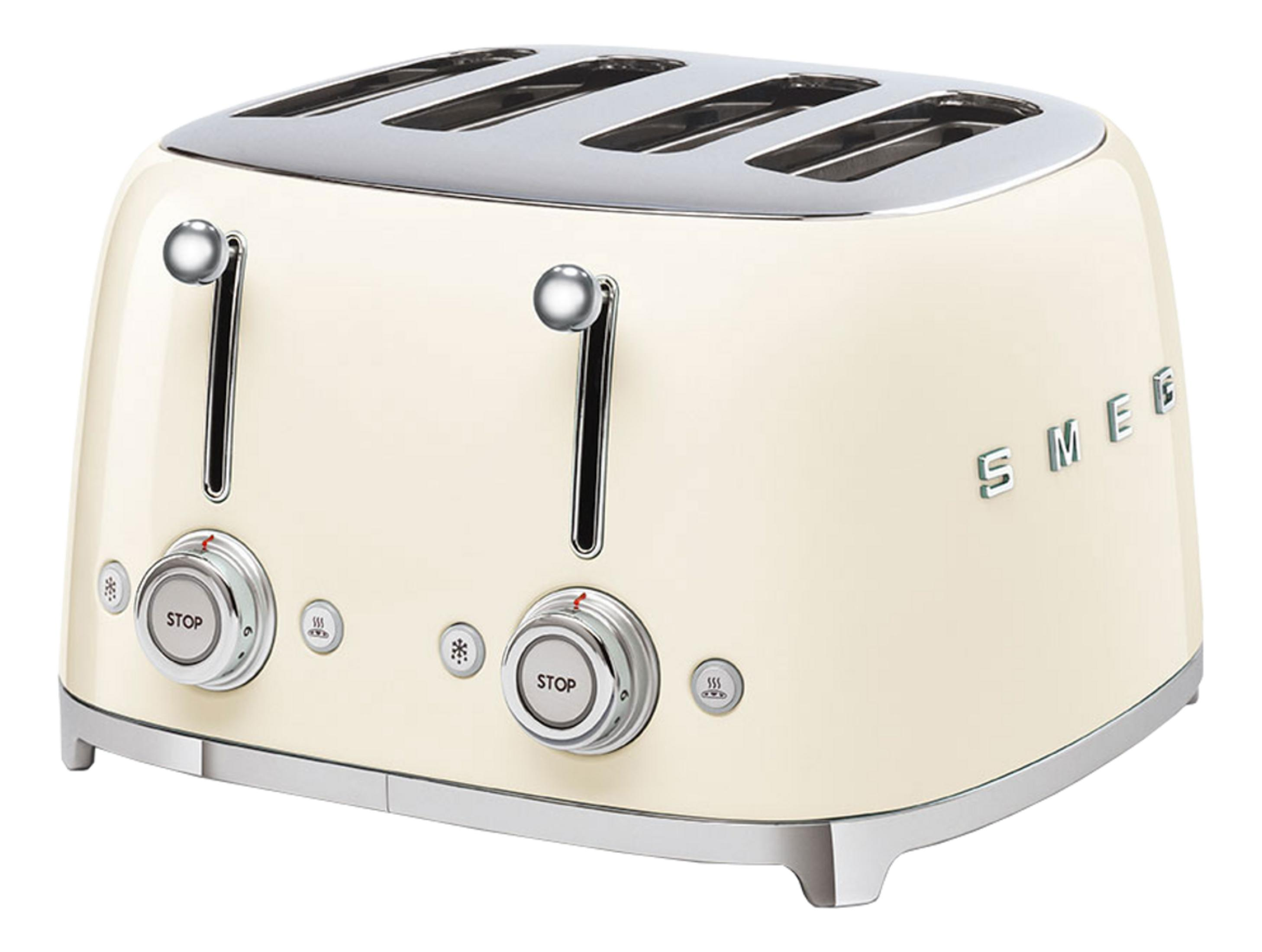 Kremowy toster na cztery kromki z srebrnymi akcentami i pokrętłami.