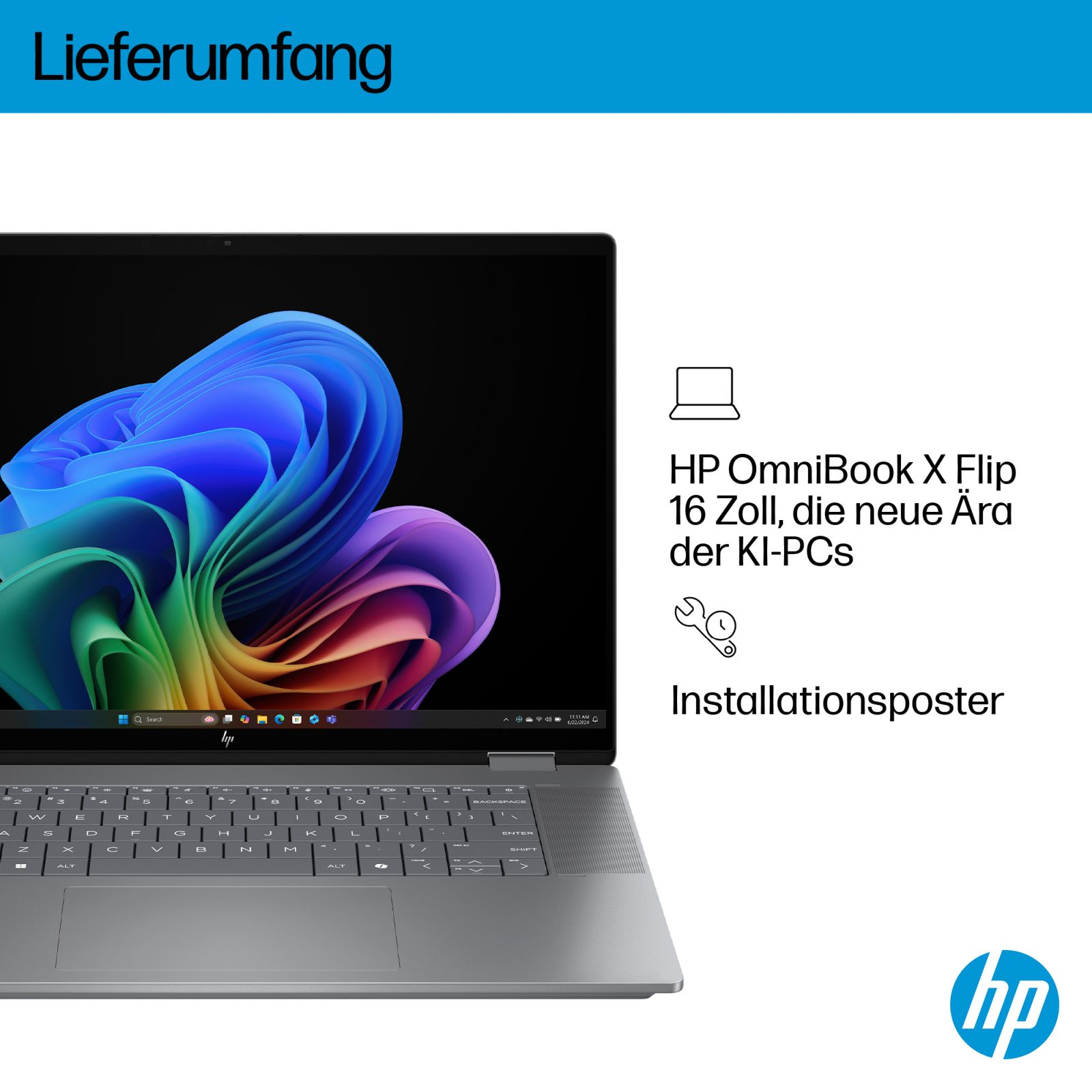 Laptop HP OmniBook X Flip z kolorową tapetą i klawiaturą.