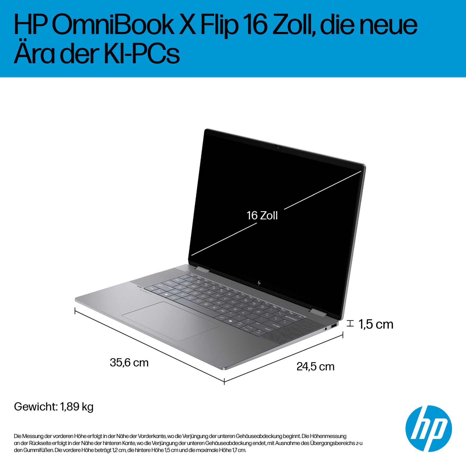 Srebrny laptop HP OmniBook X Flip z 16-calowym ekranem. Wymiary 35,6x24,5 cm, wysokość 1,5 cm.