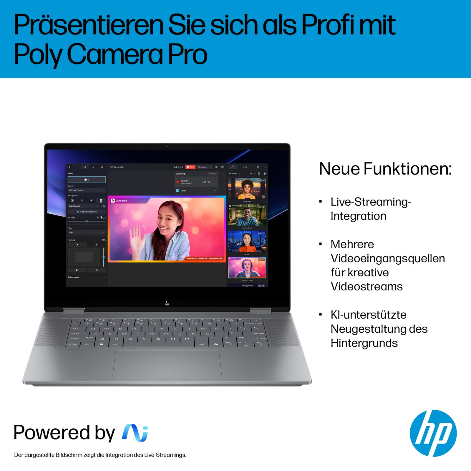 Laptop wyświetla oprogramowanie Poly Camera Pro z funkcjami transmisji na żywo i ludźmi.