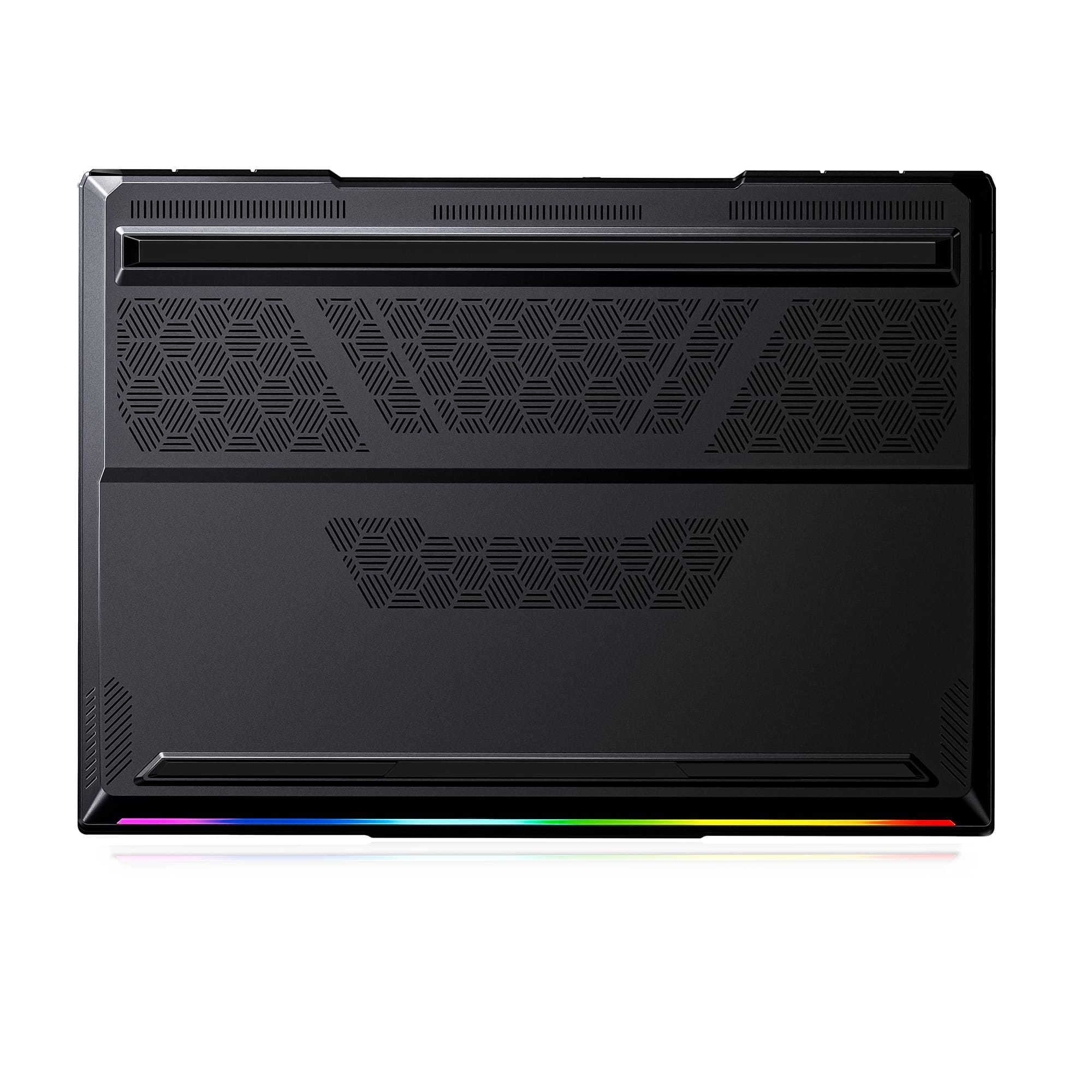 Czarny laptop od spodu, z oświetleniem RGB.