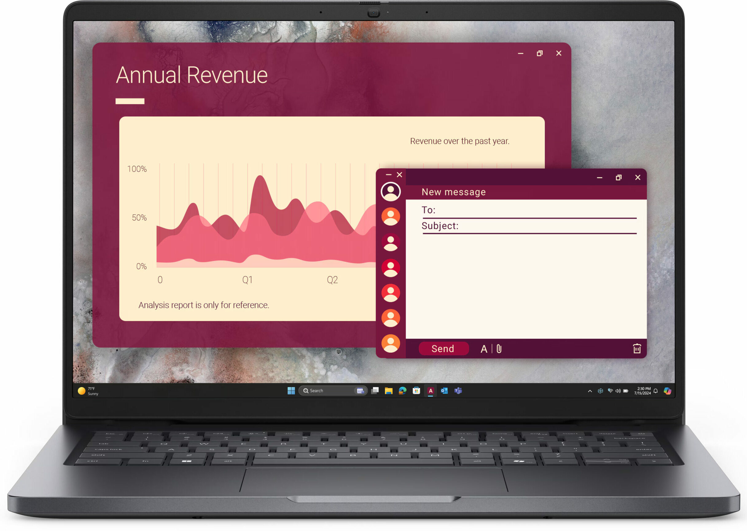 Laptop wyświetla raport rocznych przychodów i okno nowej wiadomości.