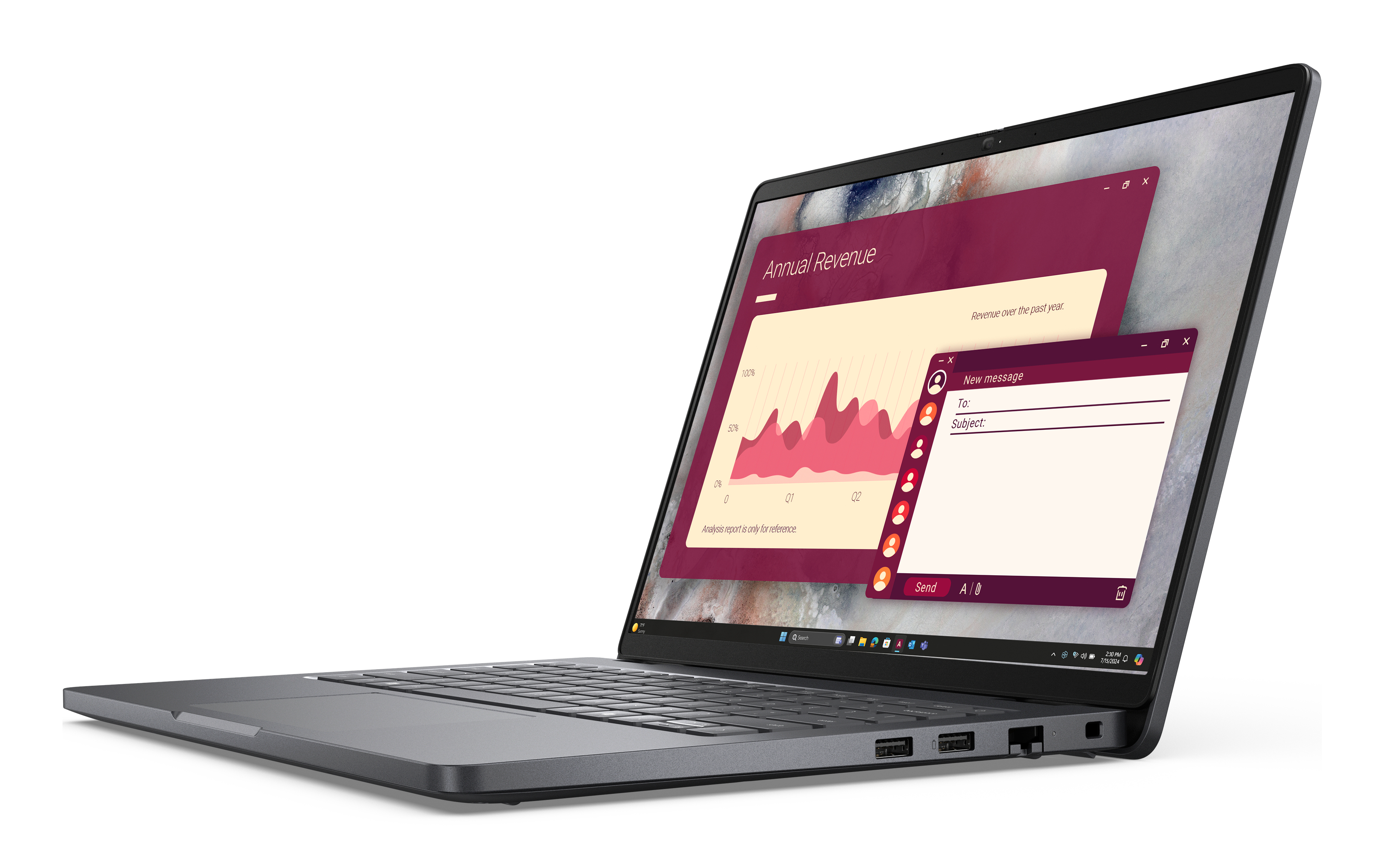 Laptop wyświetla wykres przychodów i okno nowej wiadomości.