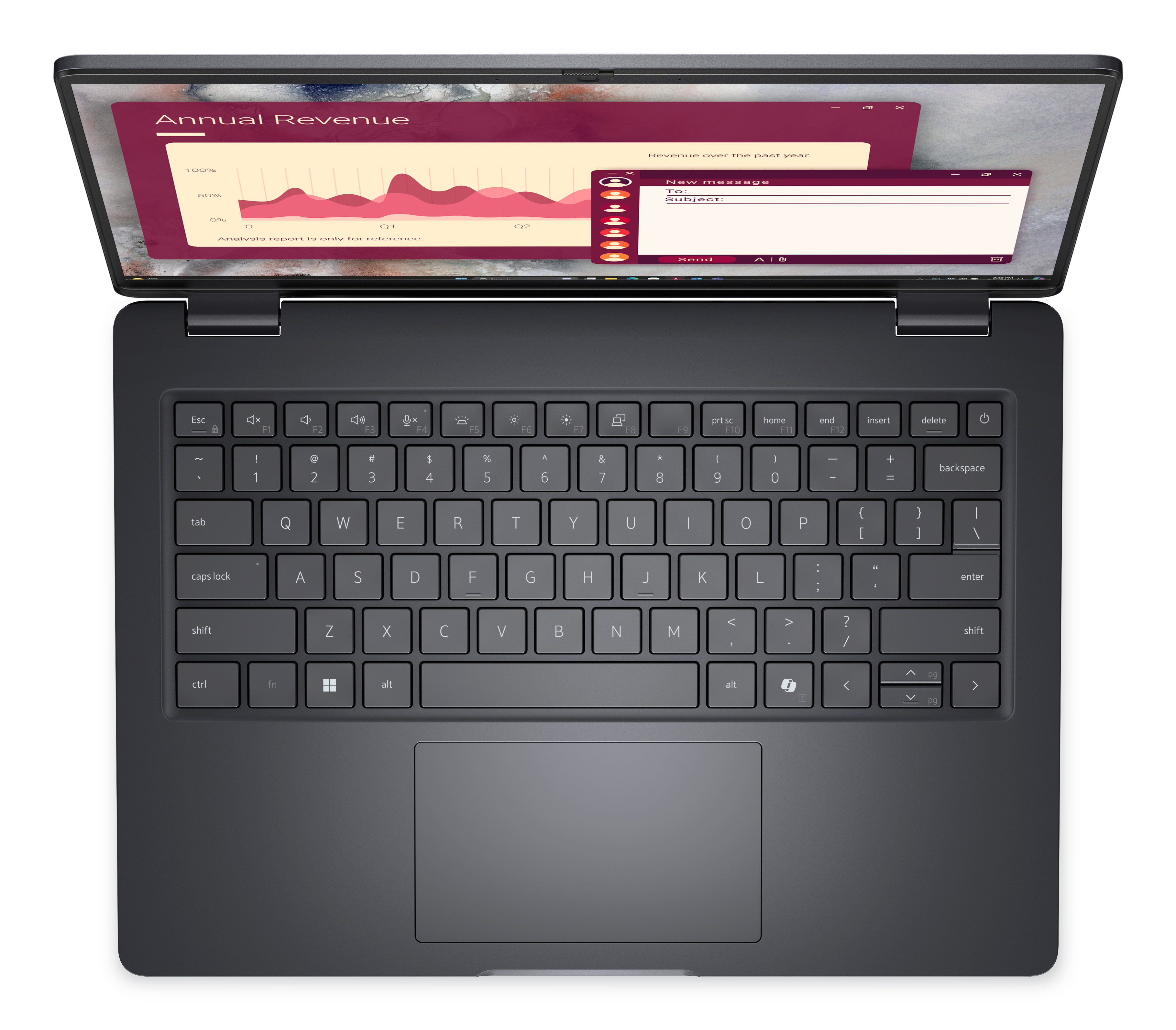 Otwarty laptop wyświetla wykres przychodów i okno nowej wiadomości.