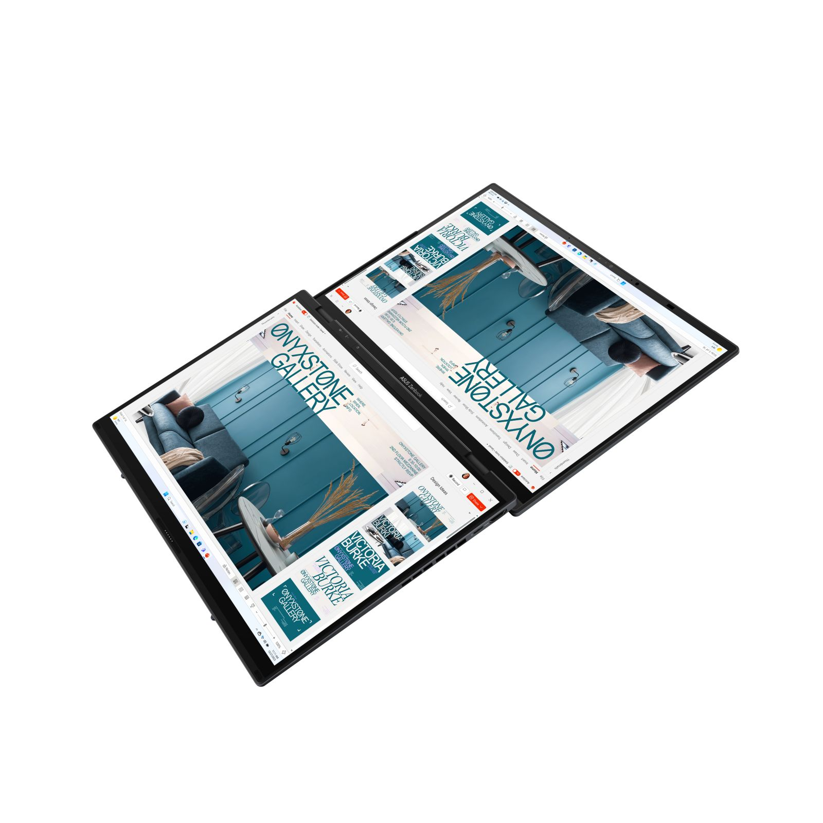 Laptop z dwoma ekranami wyświetla stronę internetową galerii z niebieskimi ścianami i meblami.