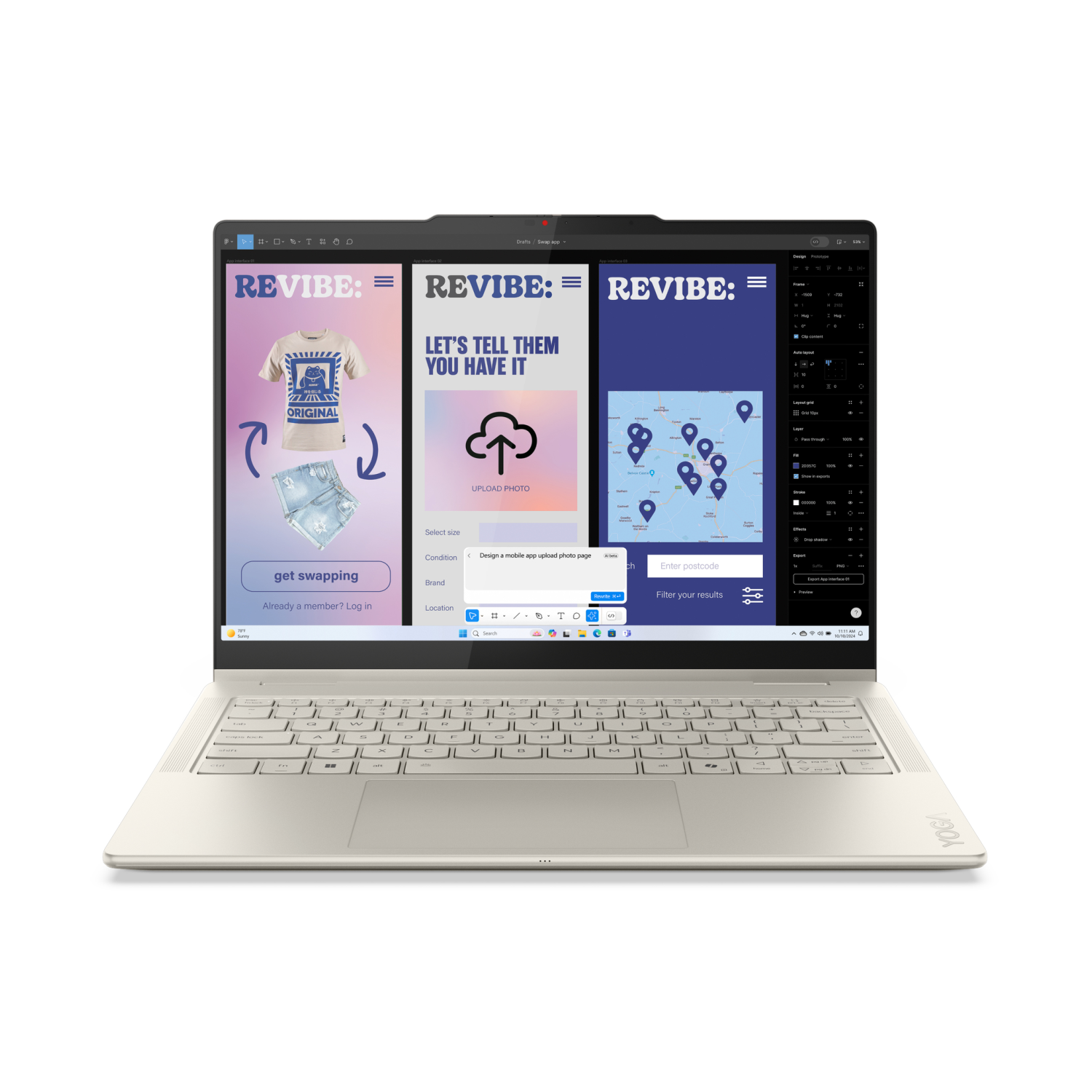 Laptop wyświetla interfejs aplikacji z ubraniami i widokiem mapy.