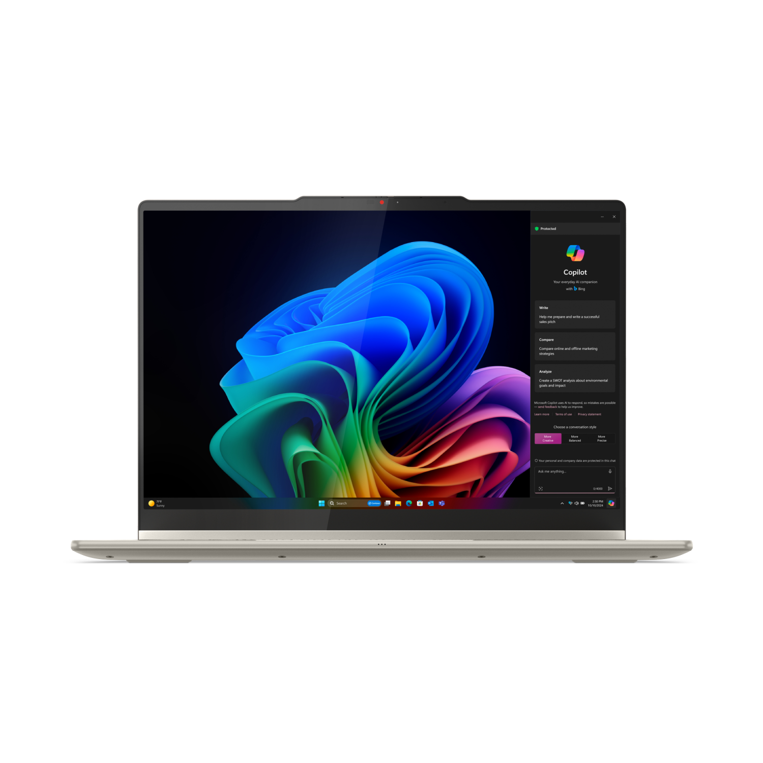 Laptop wyświetla asystenta Copilot z kolorową tapetą.