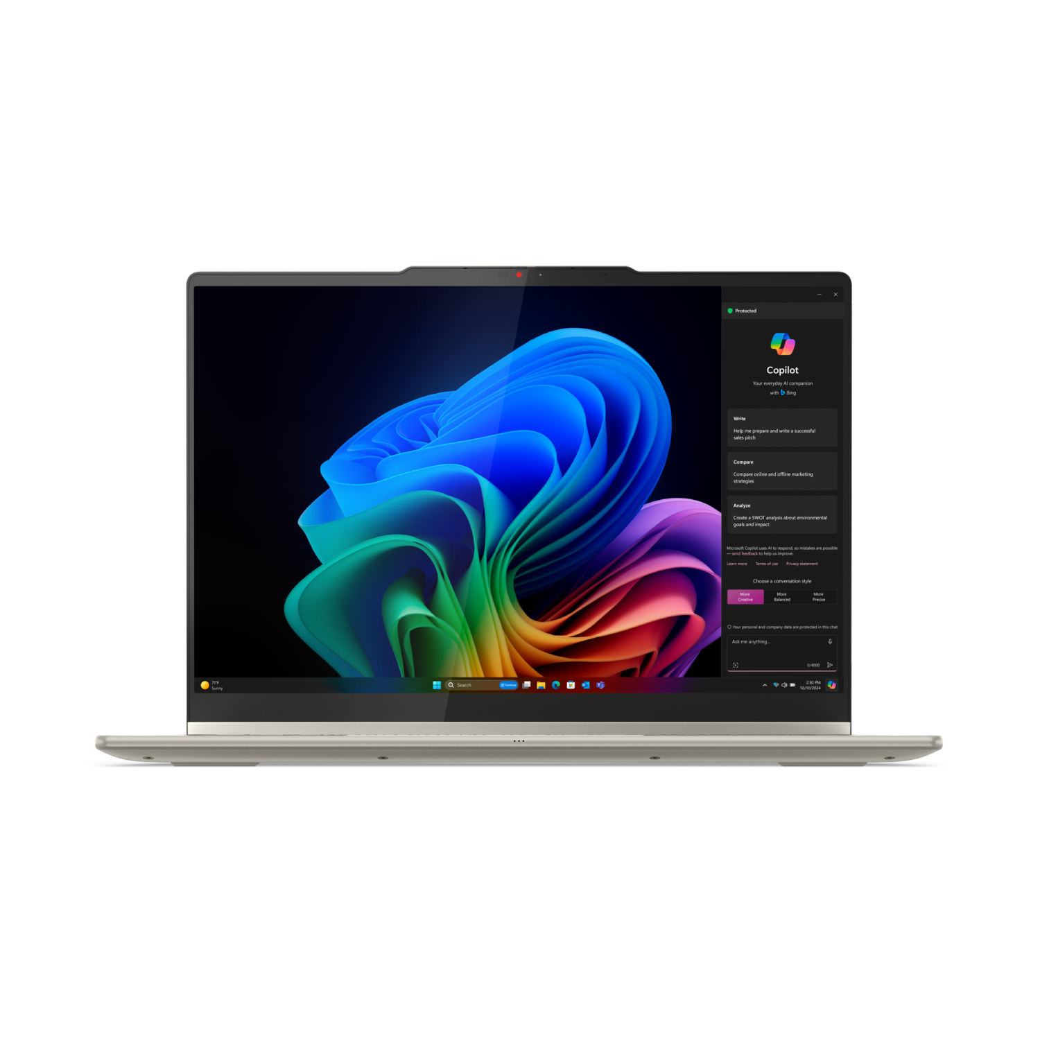 Laptop wyświetla asystenta Copilot z kolorową tapetą.