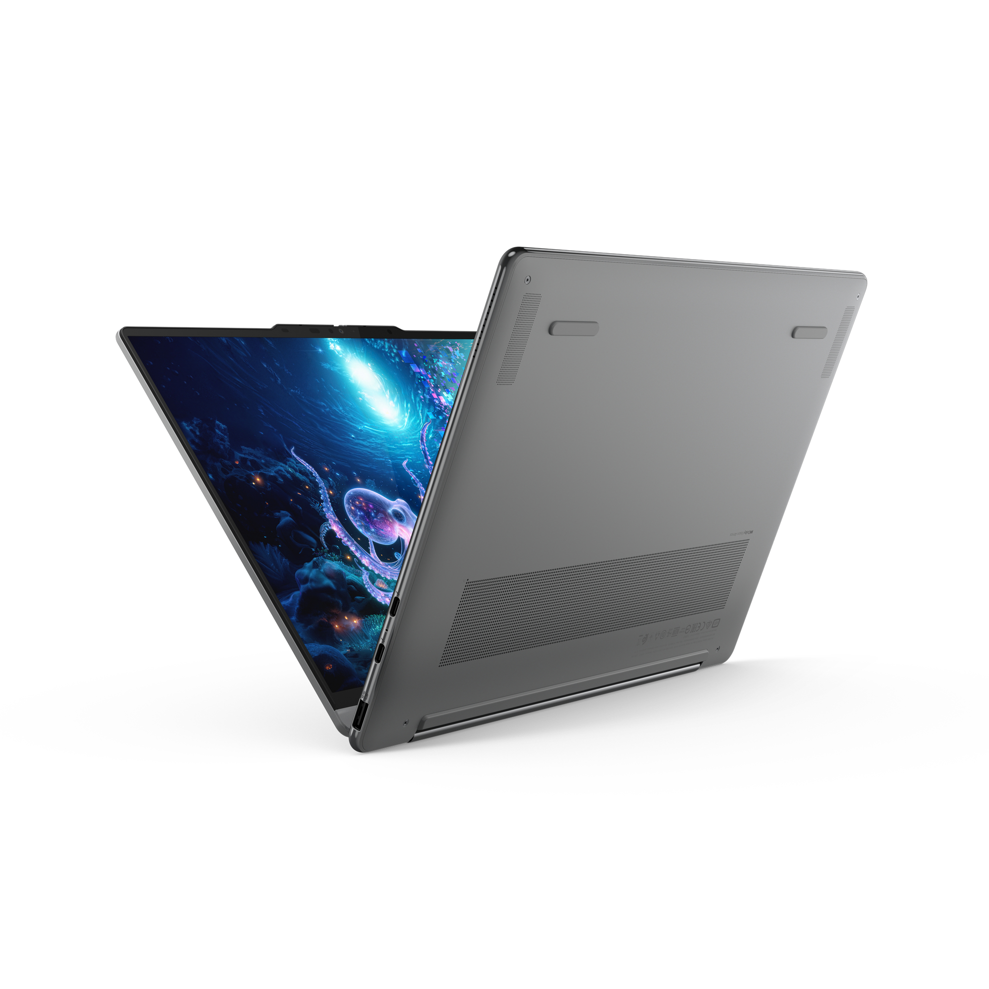 Grauer Laptop mit offenem Bildschirm, auf dem ein Oktopus im Meer abgebildet ist.