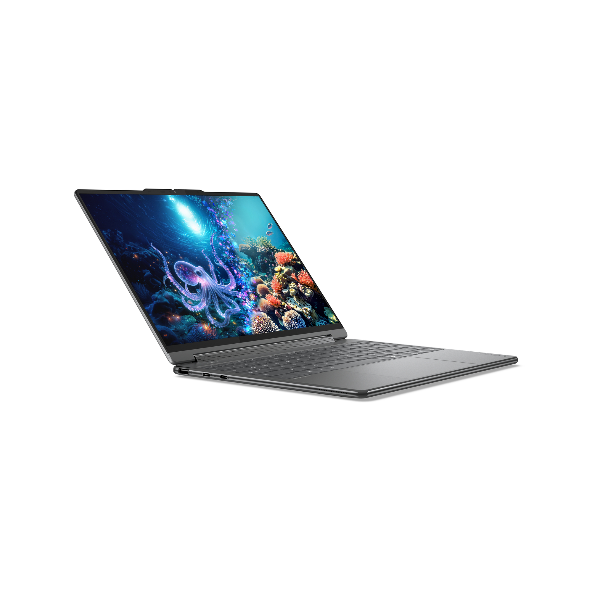 Ein geöffnetes Notebook mit einem Unterwasserbild auf dem Bildschirm.