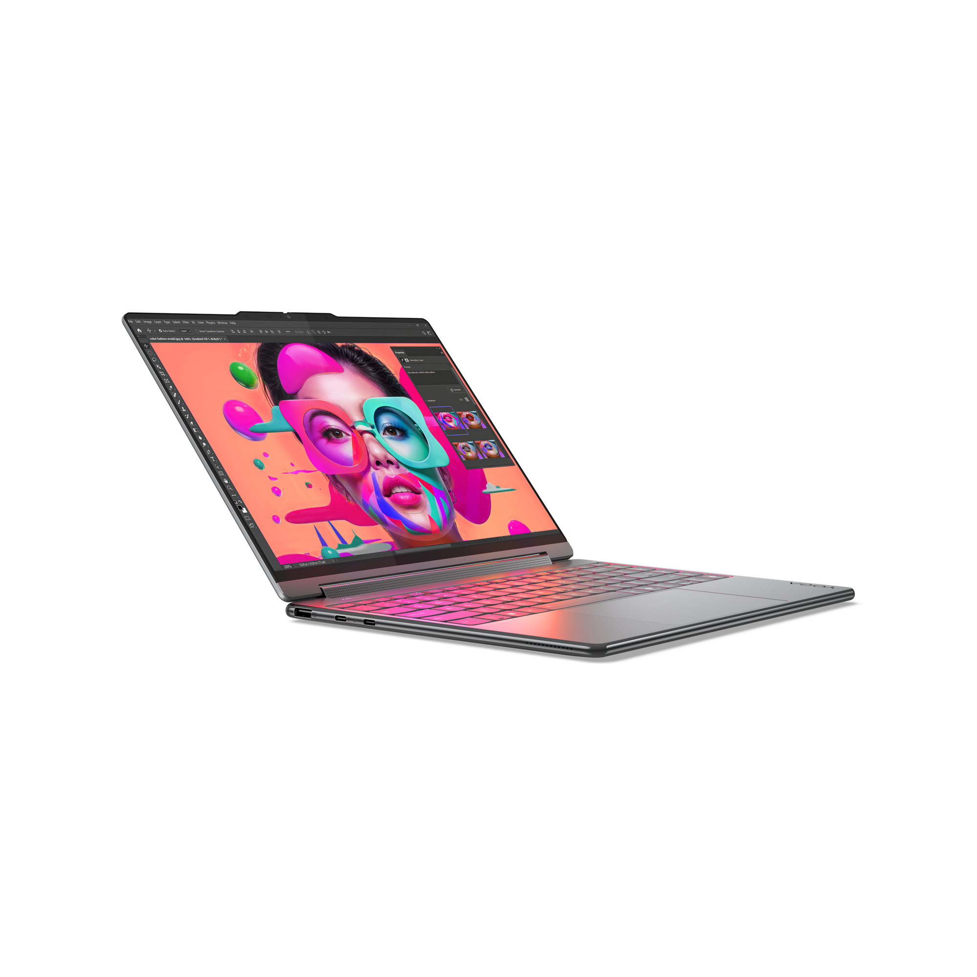 Ein offenes Laptop zeigt ein buntes Porträt mit abstrakten Formen auf dem Bildschirm.