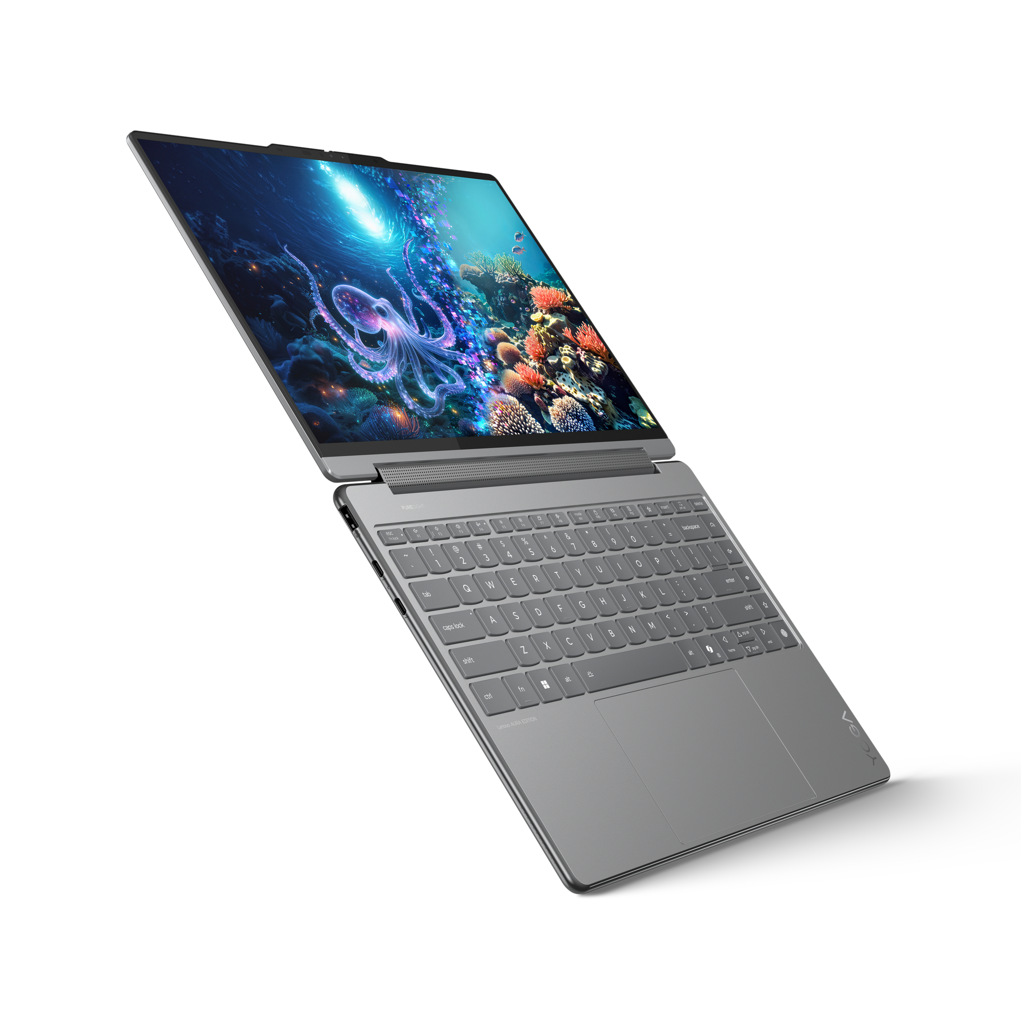 Ein graues Laptop mit offenem Bildschirm, der einen Oktopus im Meer zeigt.