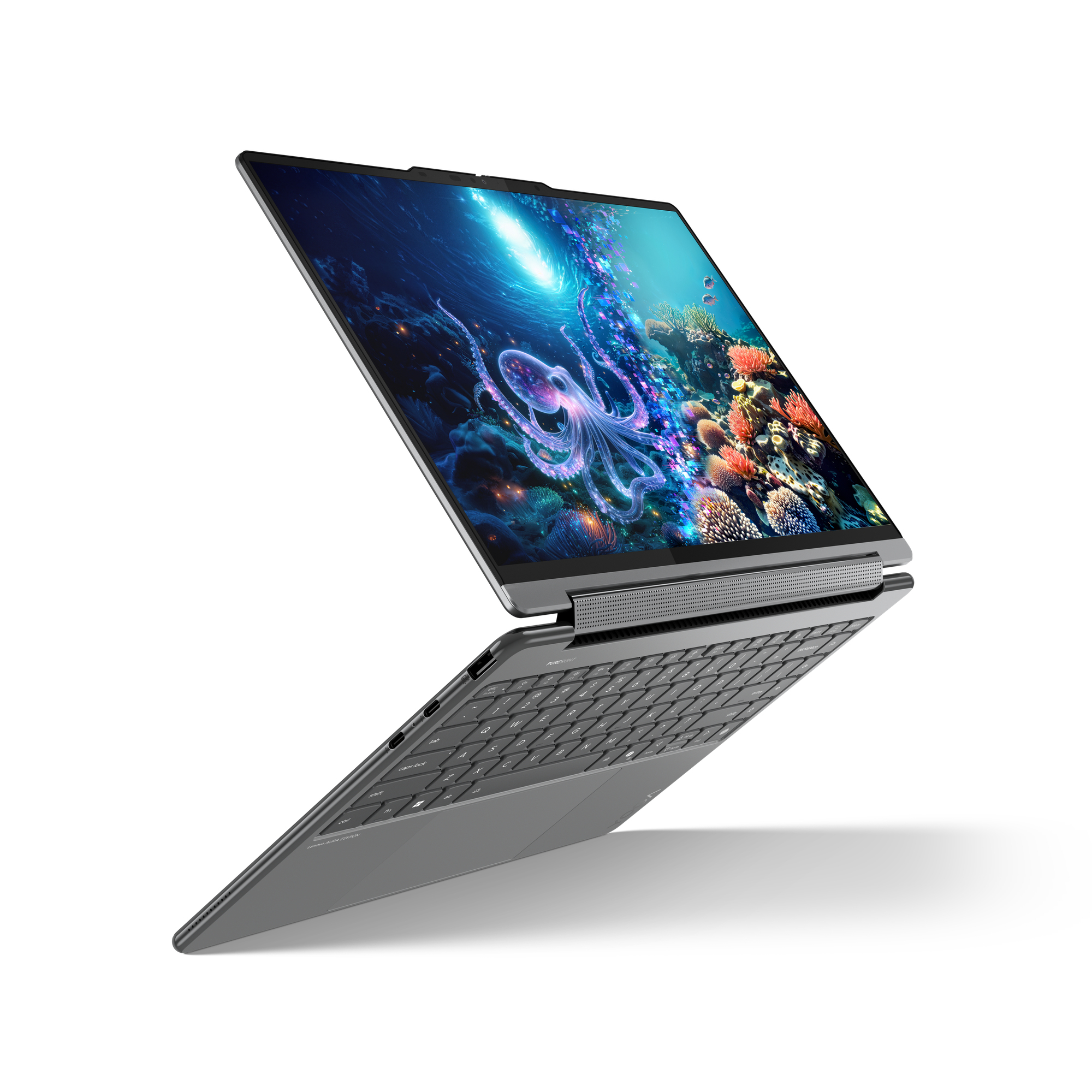 Ein geöffneter Laptop mit einem Unterwasserbildschirm und einer Tastatur.