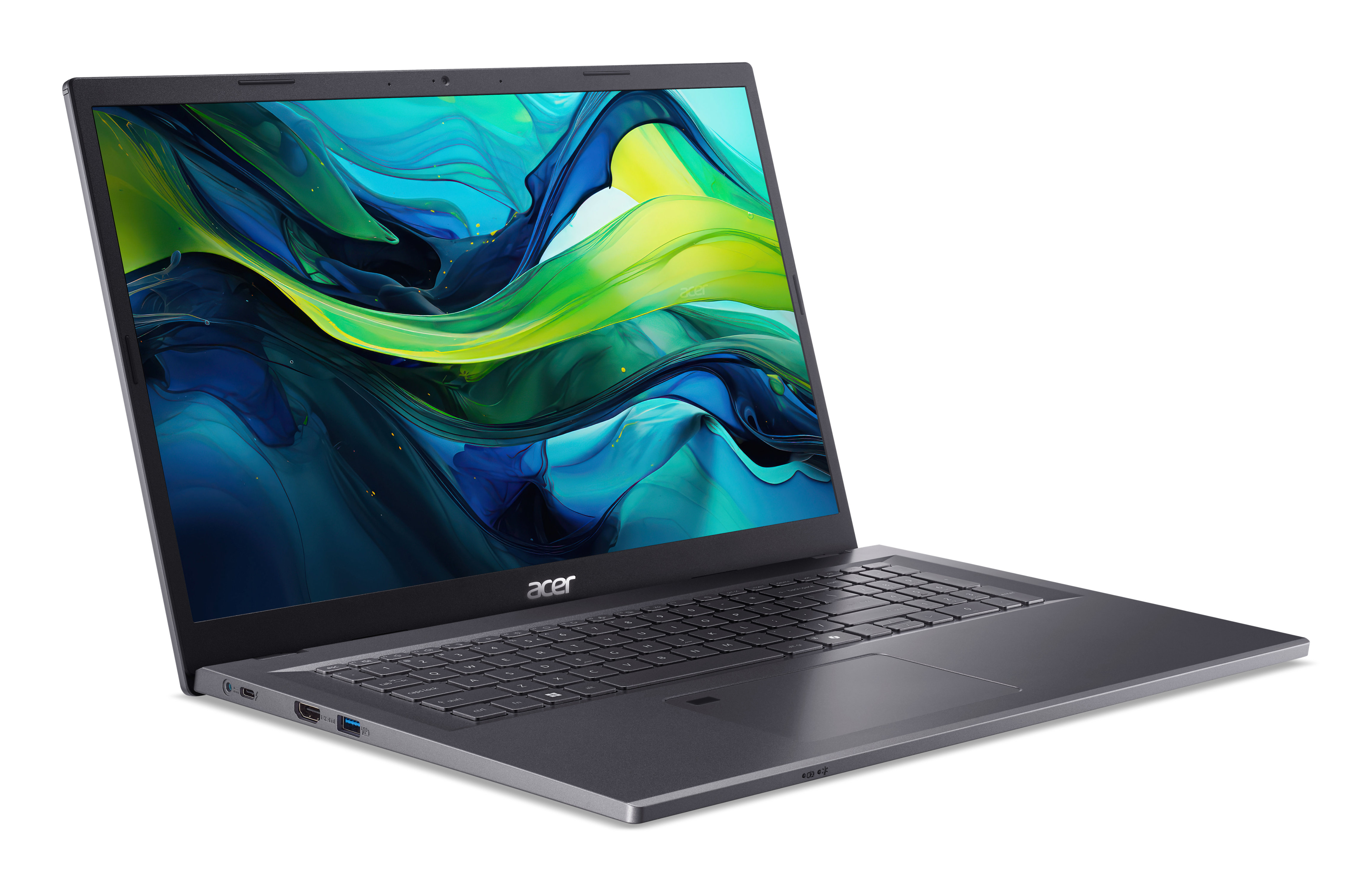 Otwarty szary laptop Acer z abstrakcyjnym niebiesko-zielonym tłem na ekranie.
