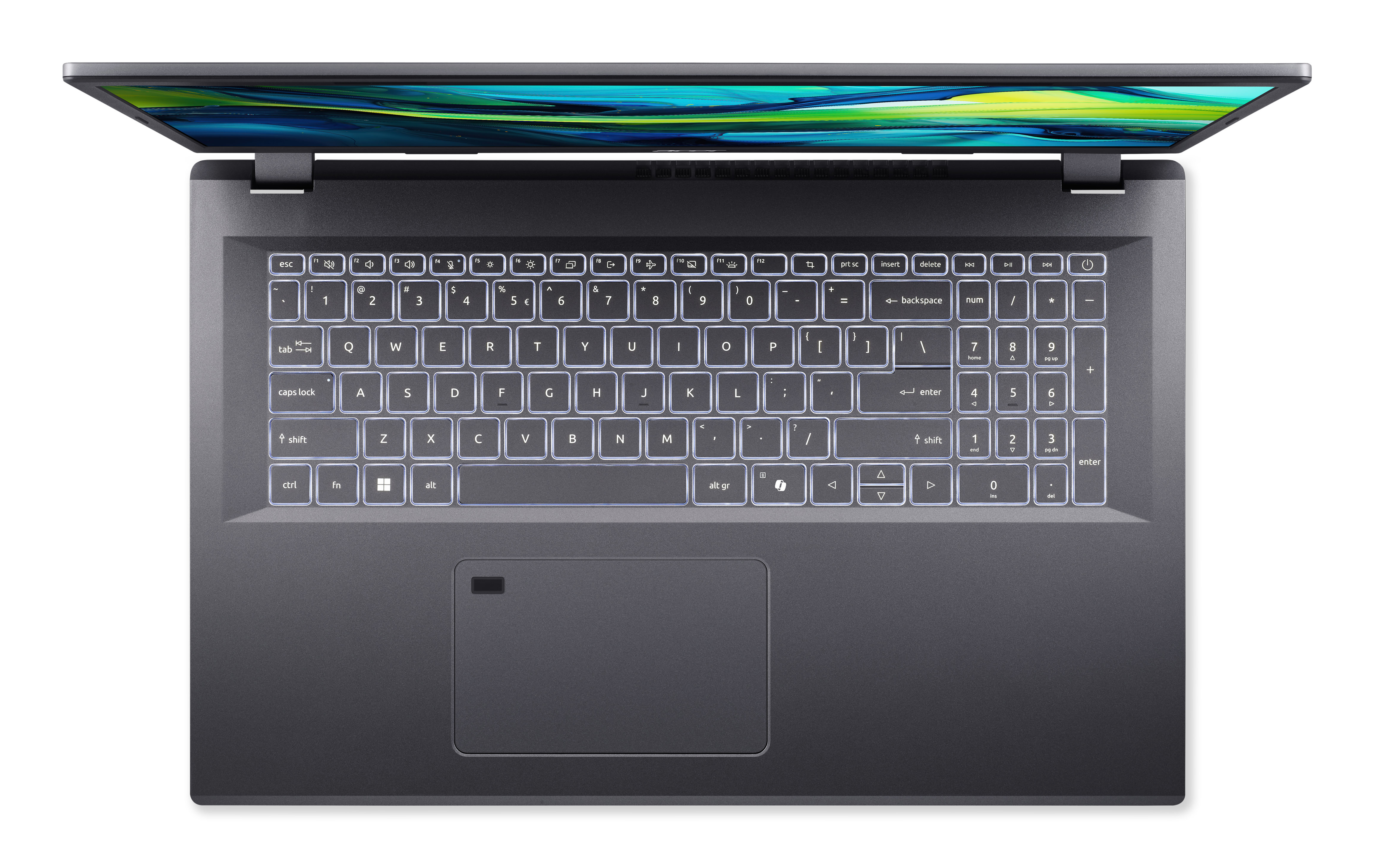 Otwarty, ciemny laptop z podświetlaną klawiaturą na białym tle.