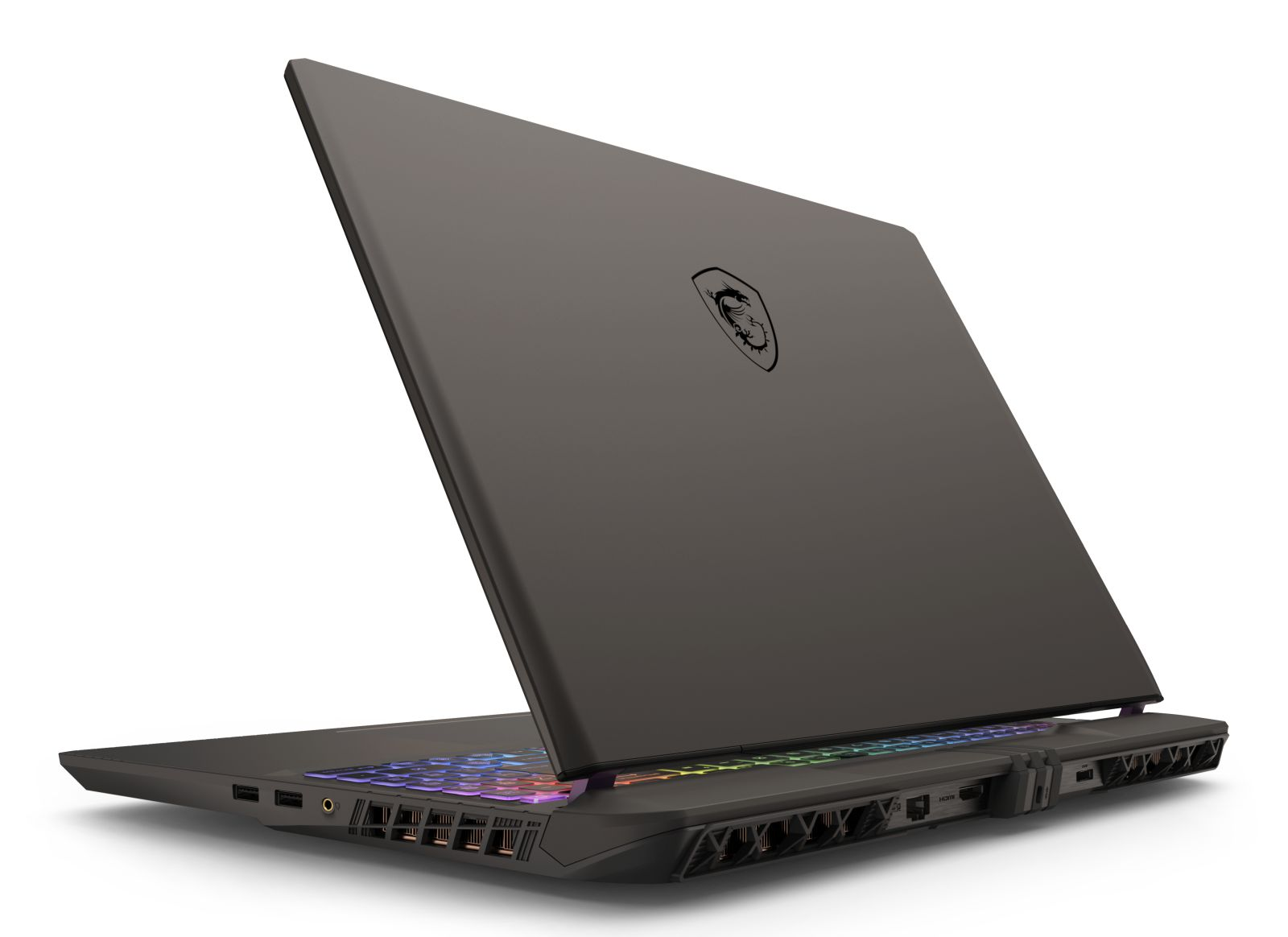 Czarny laptop z podświetlaną klawiaturą i logo smoka na pokrywie.