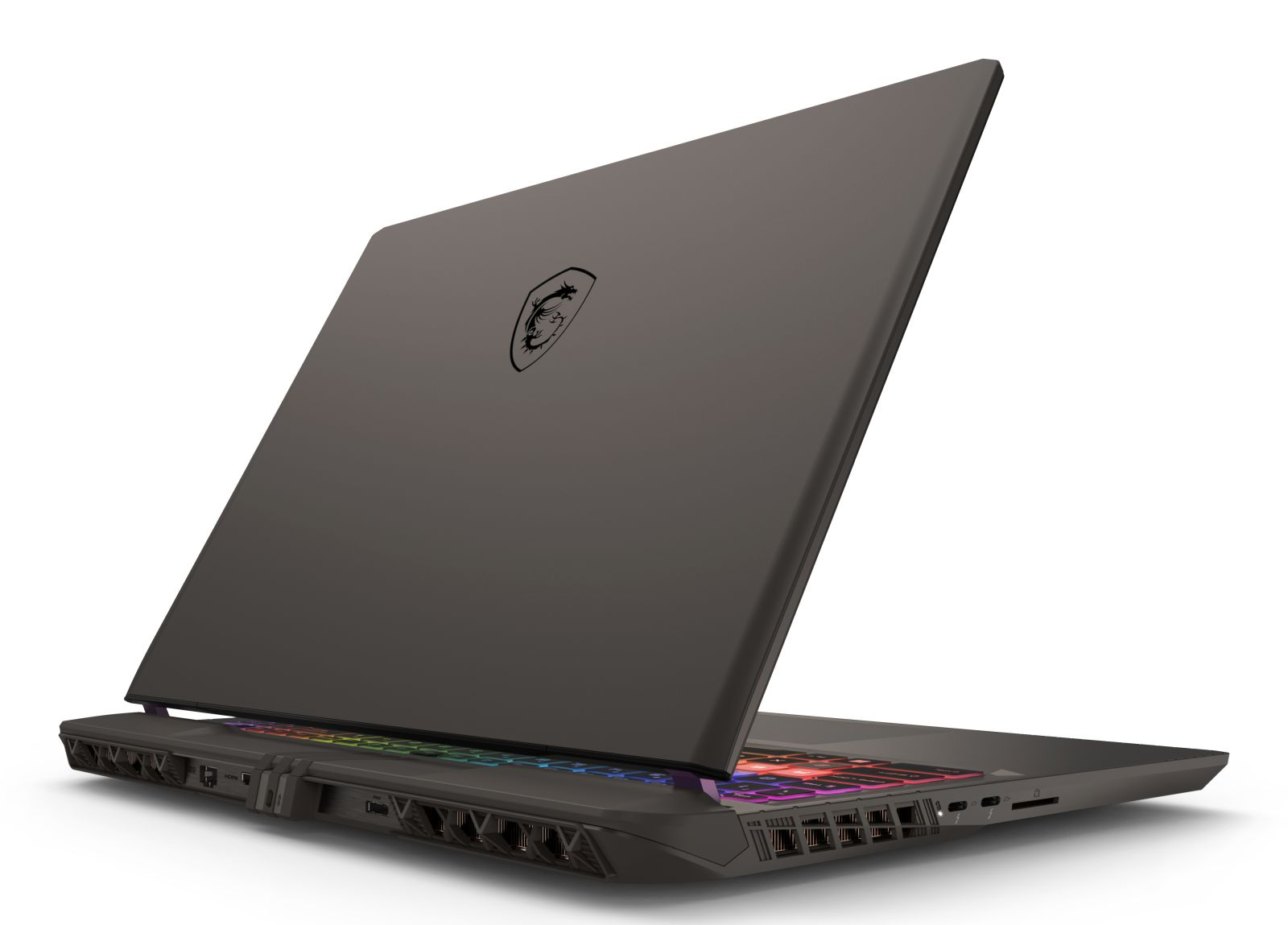 Ciemny laptop gamingowy MSI z podświetlaną klawiaturą, widziany od tyłu.