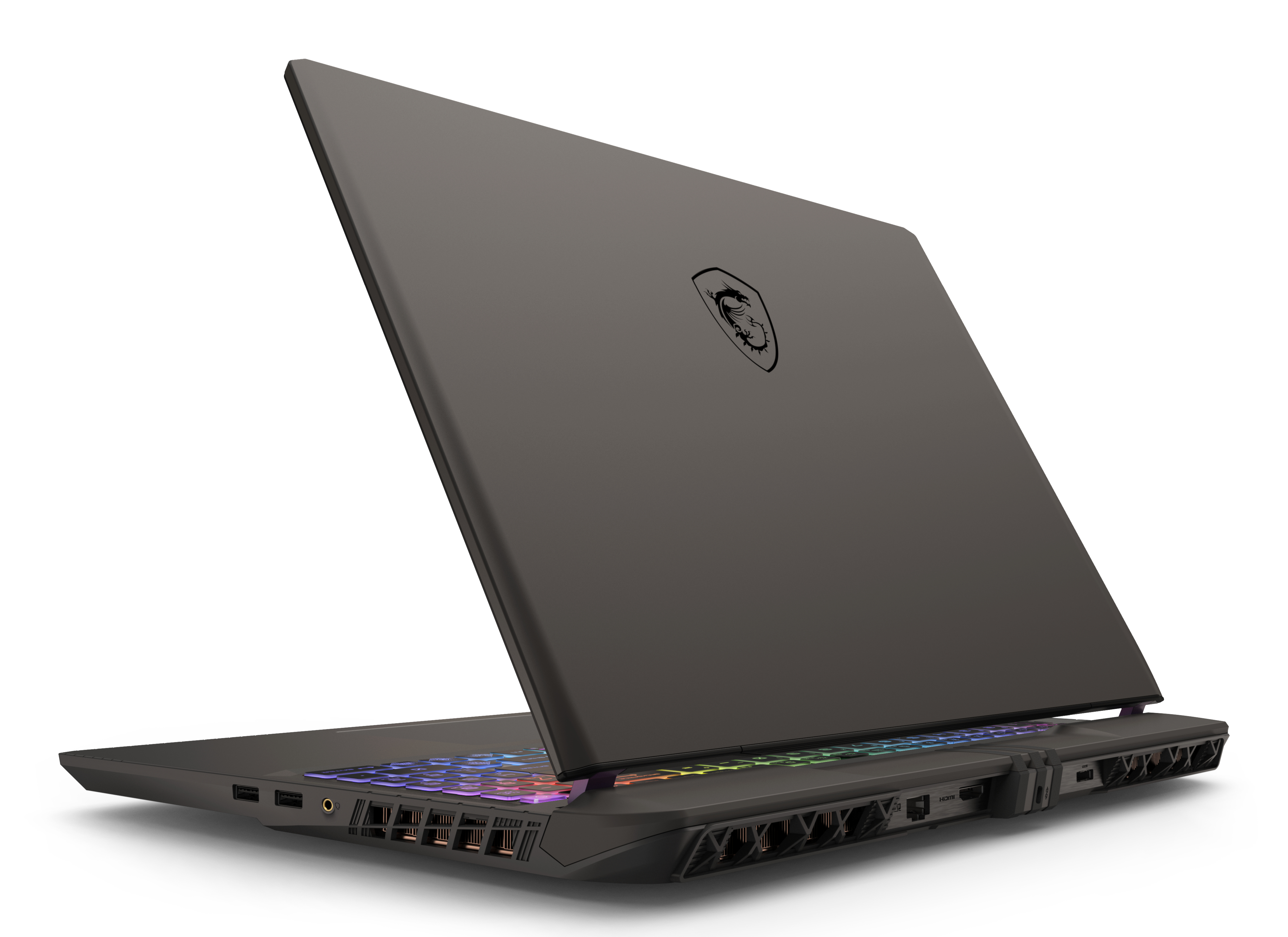 Zamknięty, ciemnoszary laptop z podświetlaną klawiaturą i logo MSI.